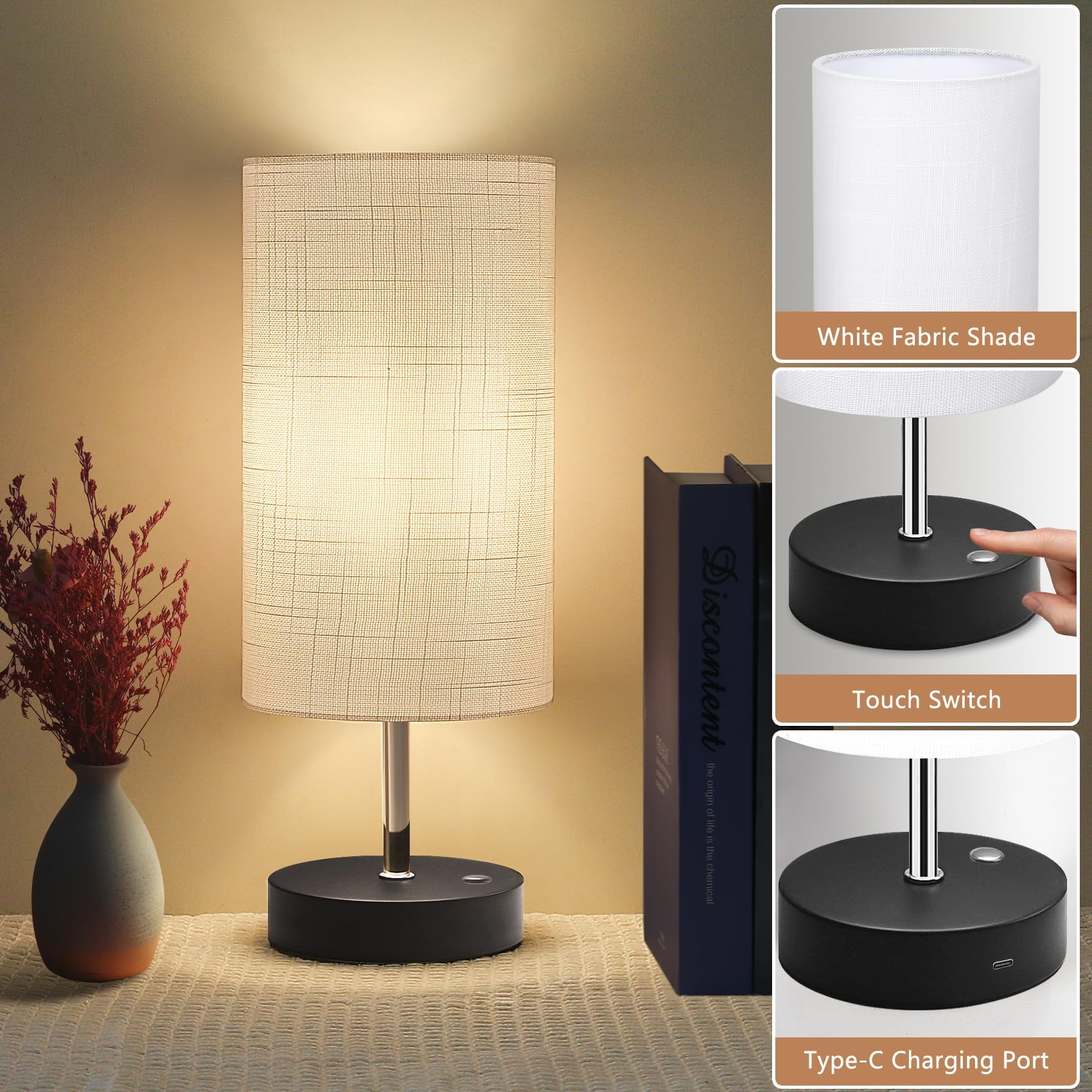 Hugchg Touch Control Cordless Table Lamp Set Of 2,5000Mah Battery Powered,Bedside Night Lamp With Stepless Dimming,Portable Table Lamp For Bedroom,Restaurants,Offices,Black