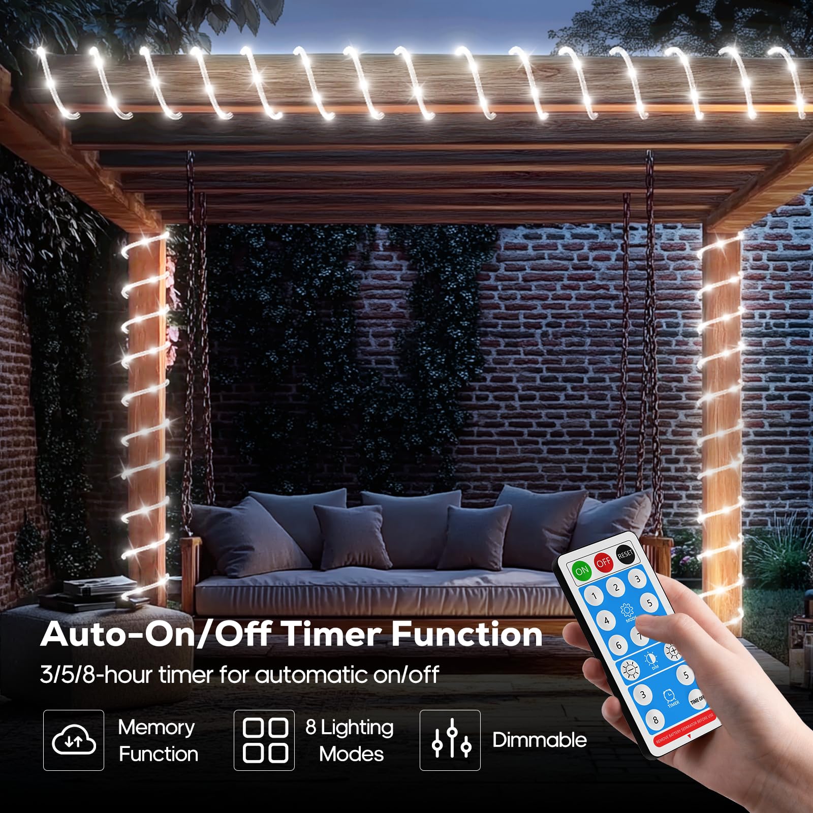 Icrgb 66Ft 200Led Solar Rope Lights, Outdoor Waterproof Solar Lights With Remote, Ip67 Solar Powered String Light With Timing & 8 Modes For Garden Tree Pathway Yard Pool Rv Christmas Decor, White