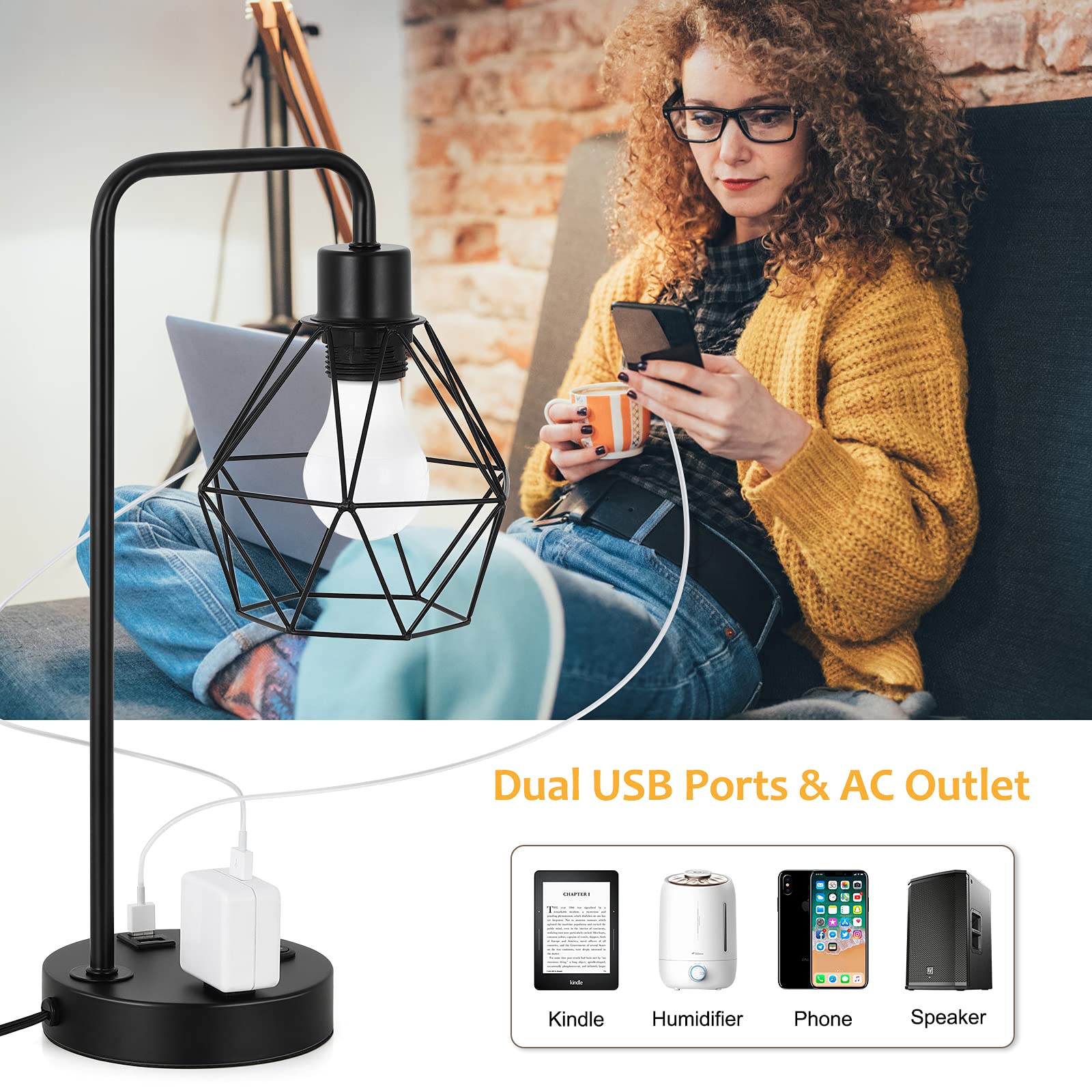 Bty Industrial Table Lamps Set Of 2 Vintage Desk Lamp Metal Cage Nightstand Bedside Lamp With Dual Usb Charging Ports And Ac Outlet For Bedroom Living Room Office (Black)