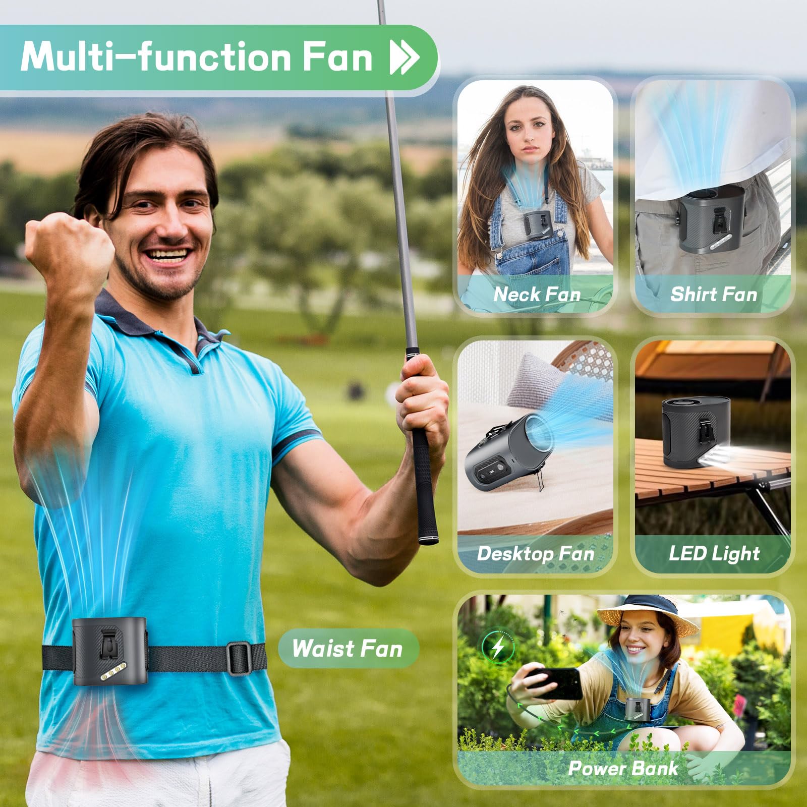 Portable Waist Fan Clip On - Wearable Belt Personal Fan, Usb-C In&Out Retractable Cable, Hands-Free