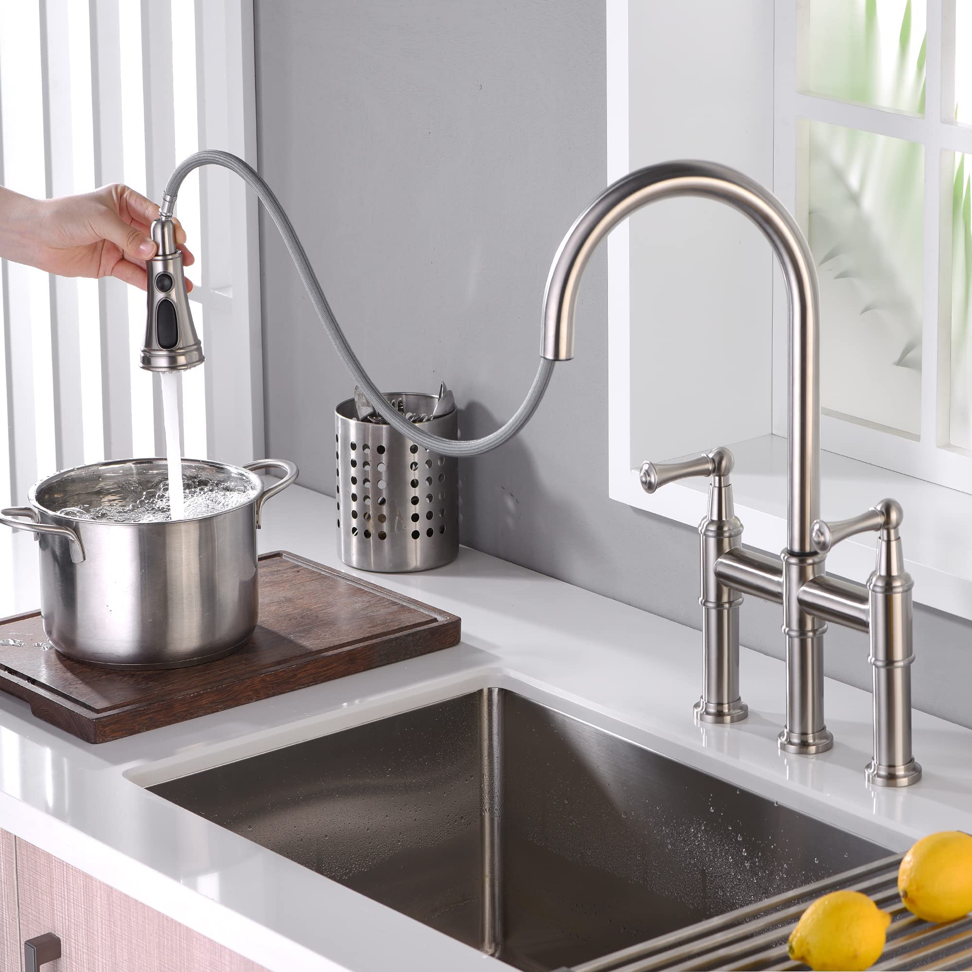 Arrisea Heritage Bridge Kitchen Faucet With Pull-Down Sprayhead 2 Handle 8 Inch Faucet For Kitchen Sinks 3 Hole Install Kitchen Sink Faucet Fingerprint Resistant Spot  Brushed Nickel