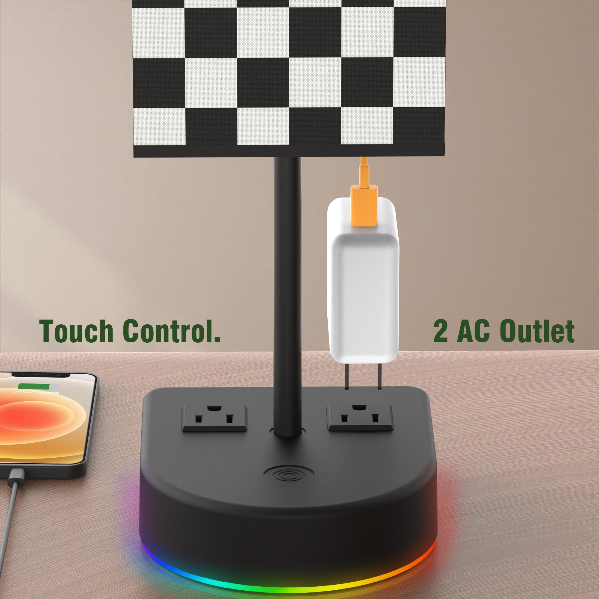 Bgmutcx Touch Control Bedside Table Lamp With 12W Led Light Bulb And Chess Board Fabric Shade,2 Ac Outlet, 3 Color Modes,For Bed Room/Nightstand/Office/Living Room Guest Room