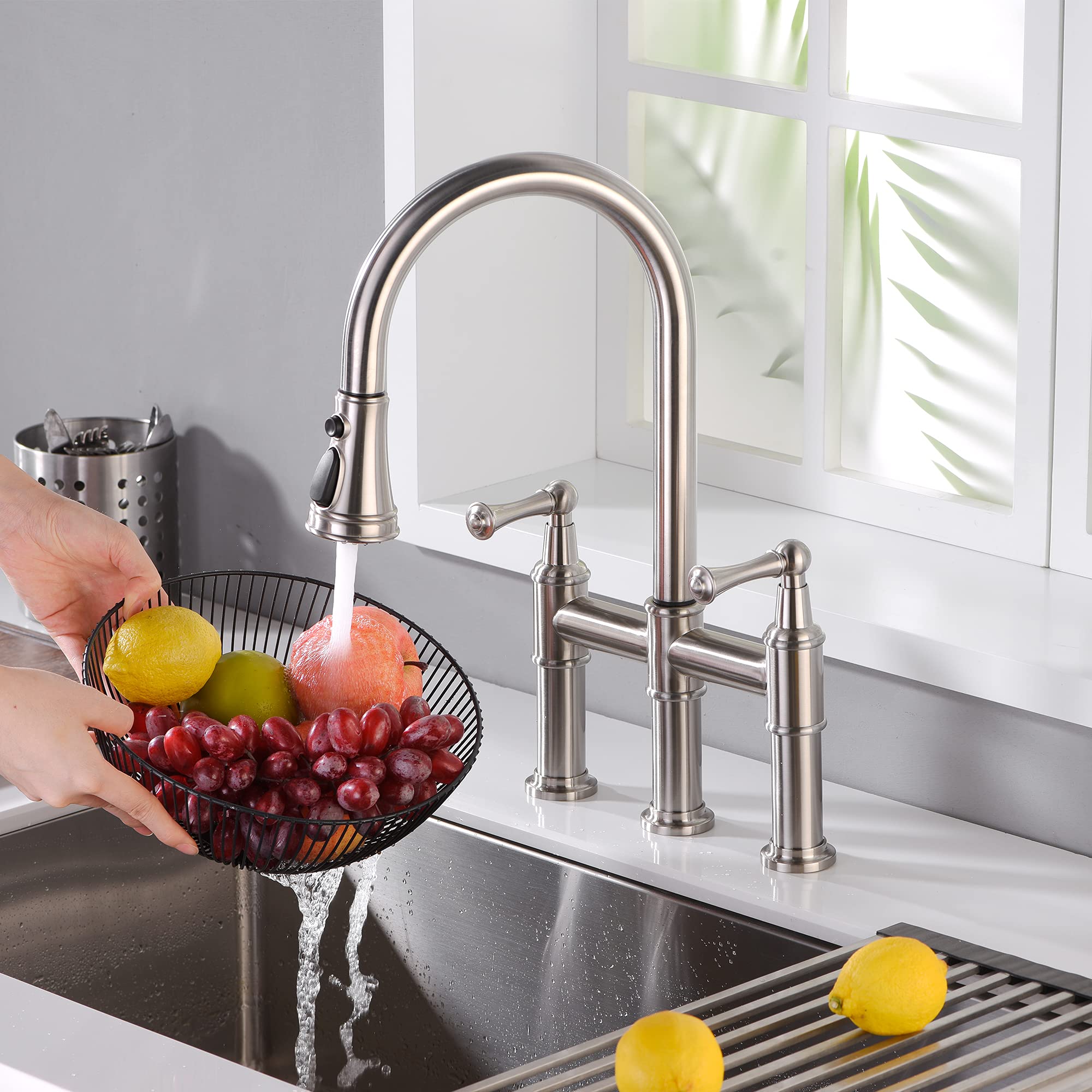 Arrisea Heritage Bridge Kitchen Faucet With Pull-Down Sprayhead 2 Handle 8 Inch Faucet For Kitchen Sinks 3 Hole Install Kitchen Sink Faucet Fingerprint Resistant Spot  Brushed Nickel