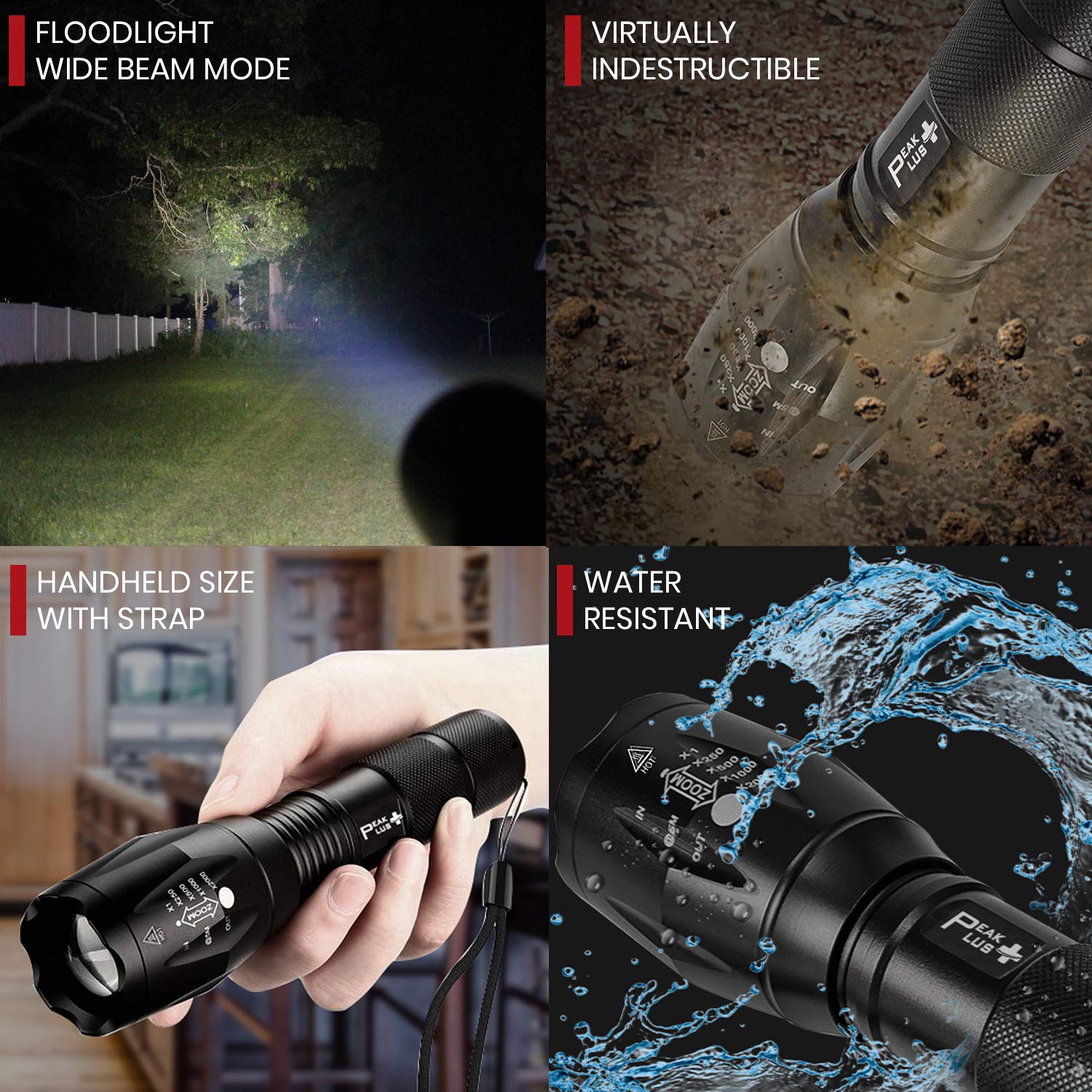 Peakplus Rechargeable Utility Flashlight Lfx1000 (Rechargeable Battery And Charger Included) - High Lumens Led, Super Bright, Zoomable, 5 Modes, Water Resistant - Best Camping, Emergency Flashlights