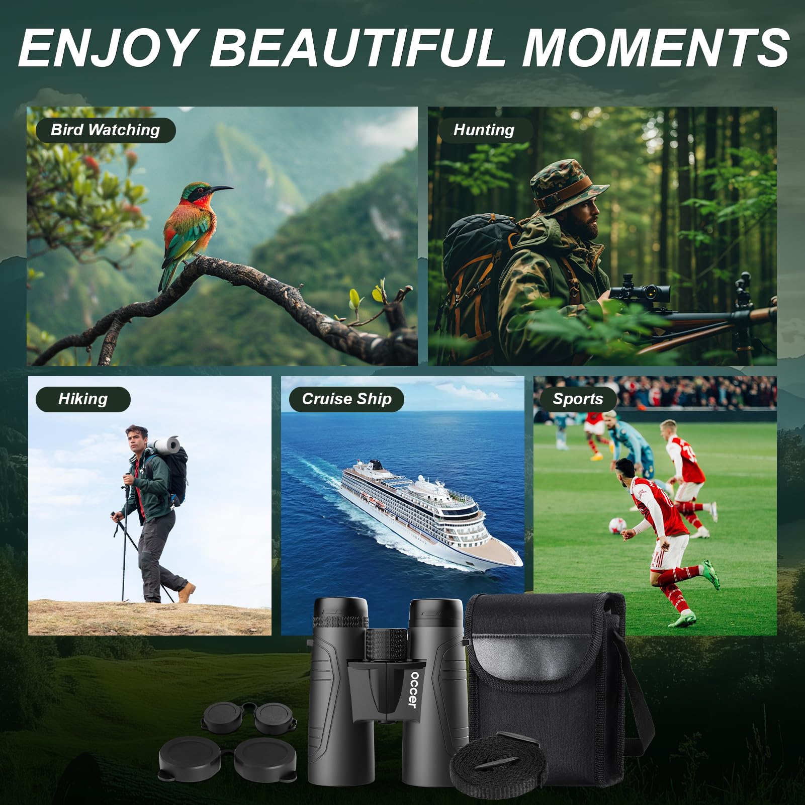 Occer 15X42 Binoculars For Adults High Powered - Hd Lightweight Travel Hunting Binoculars With Clear Low Light Vision For Bird Watching, Whale Watching, Camping -Black