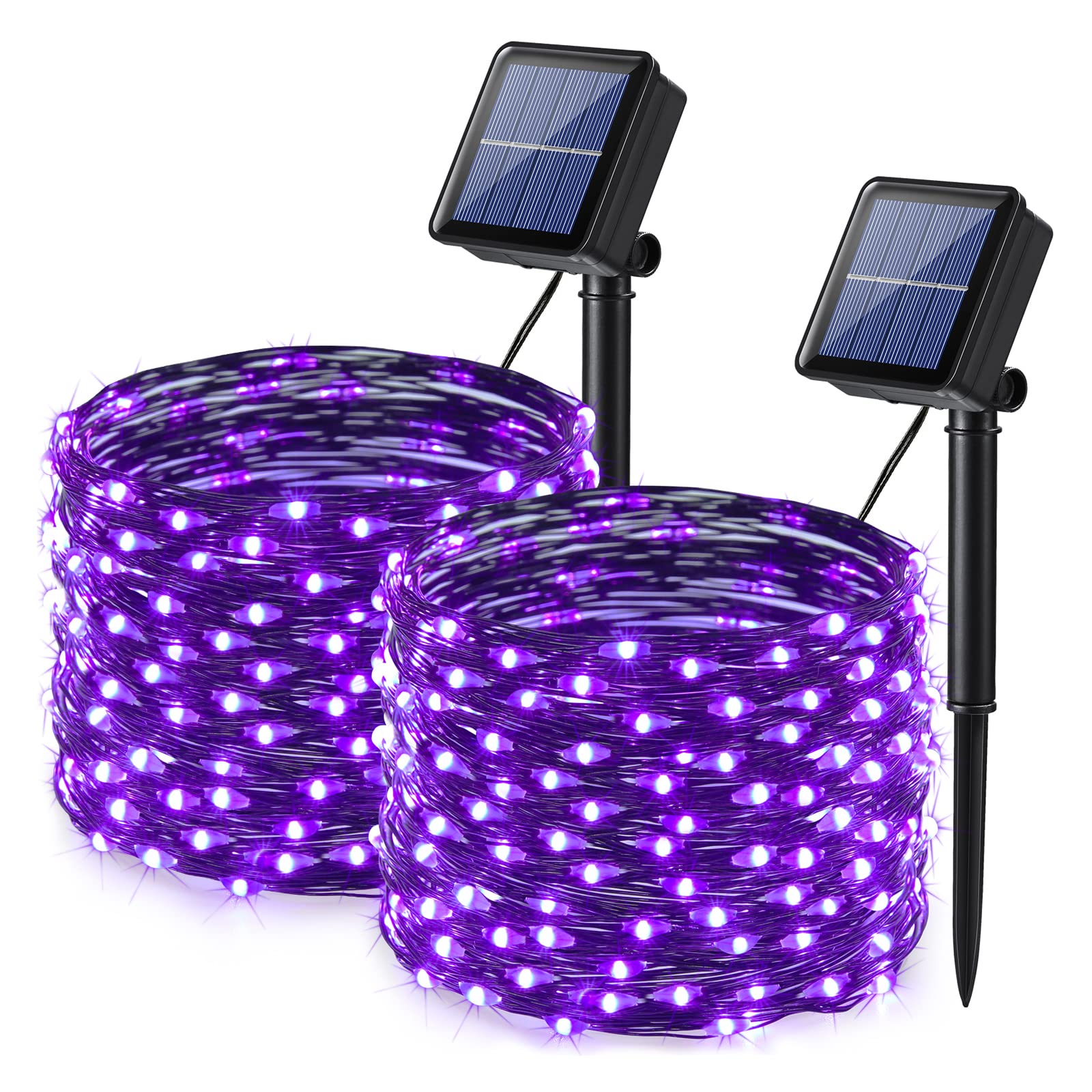 Lomotech 2 Pack Solar Halloween Lights, Total 66Ft 200Led Purple Halloween Fairy Lights Waterproof 8 Modes Twinkle Lights Outdoor For Halloween Party Diy Decoration Black Wire