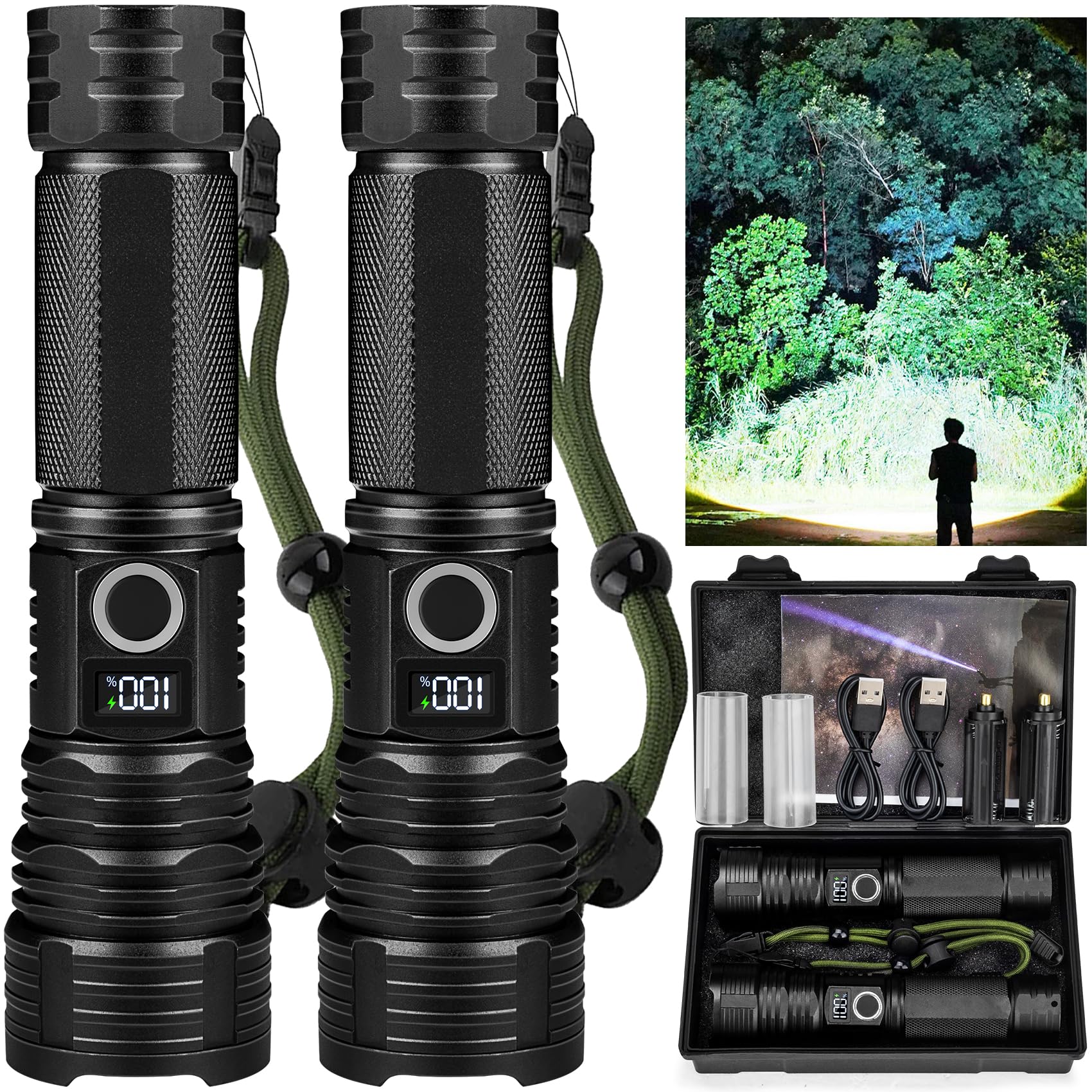 Kmivo Rechargeable Led Flashlights High Lumens, 990000 Lumens Super Bright Flashlights With 5 Modes, Waterproof Powerful Flash Light Multifunctional Flashlights For Home Emergencies Camping(2 Pack)