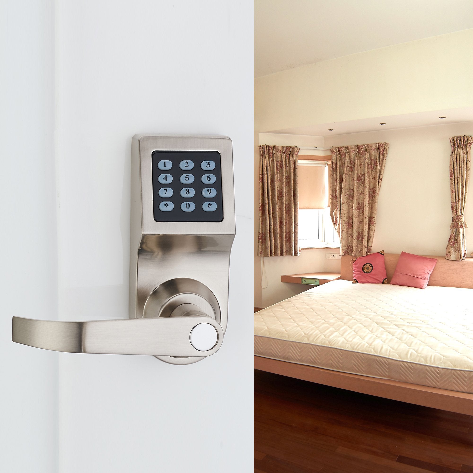 Haifuan Digital Door Lock,Unlock With M1 Card, Code And Key,Default For Left Hand Orientation Nickel Brush