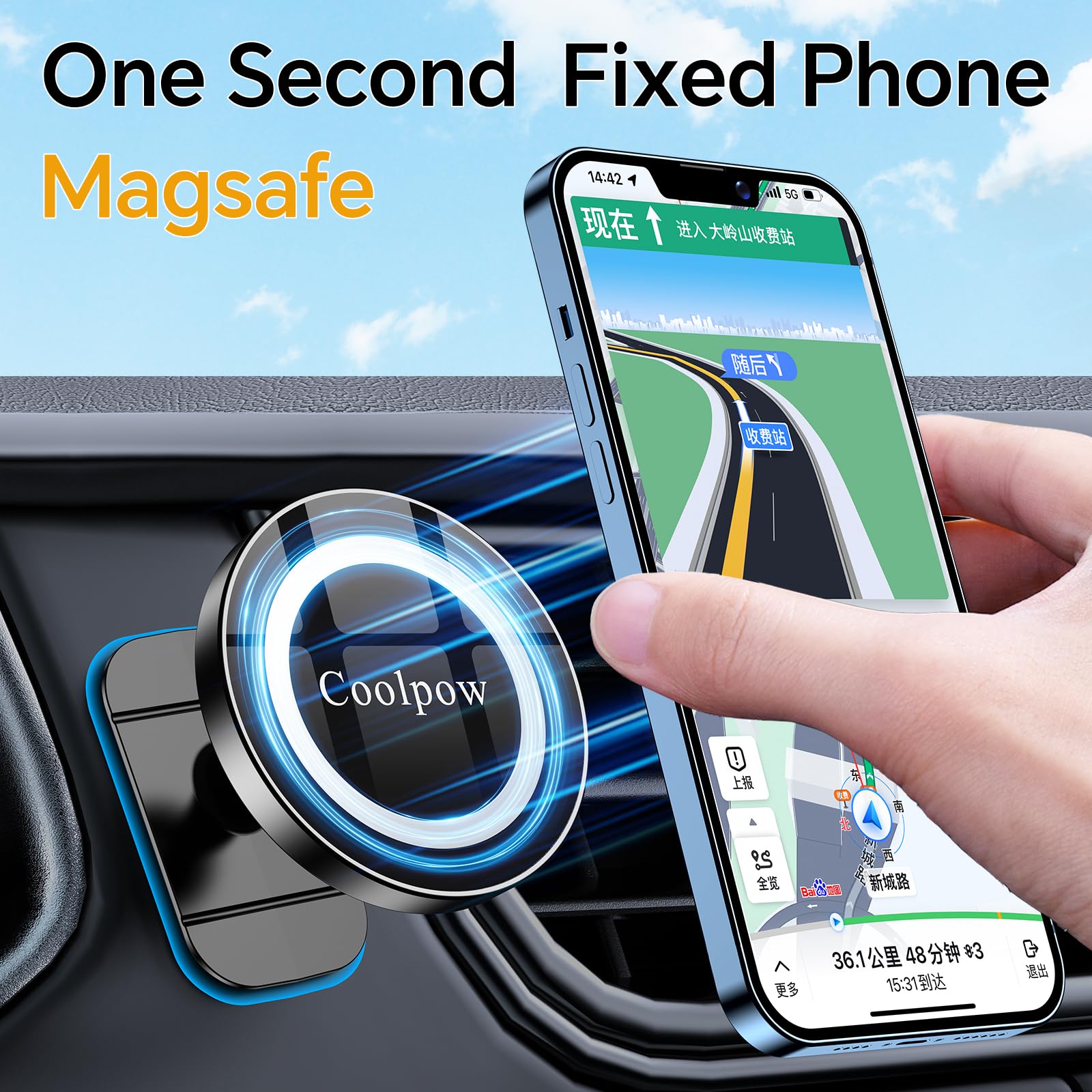 Coolpow For Iphone Magsafe Car Mount Dashboard【Stronger Magnets】 Magnetic Phone Holder For Car Dash【Hands  】 Magsafe Car Holder For Car Fit Iphone 15 14 13 12 Pro Max Plus Mini Mag Safe Case &Cell Phone