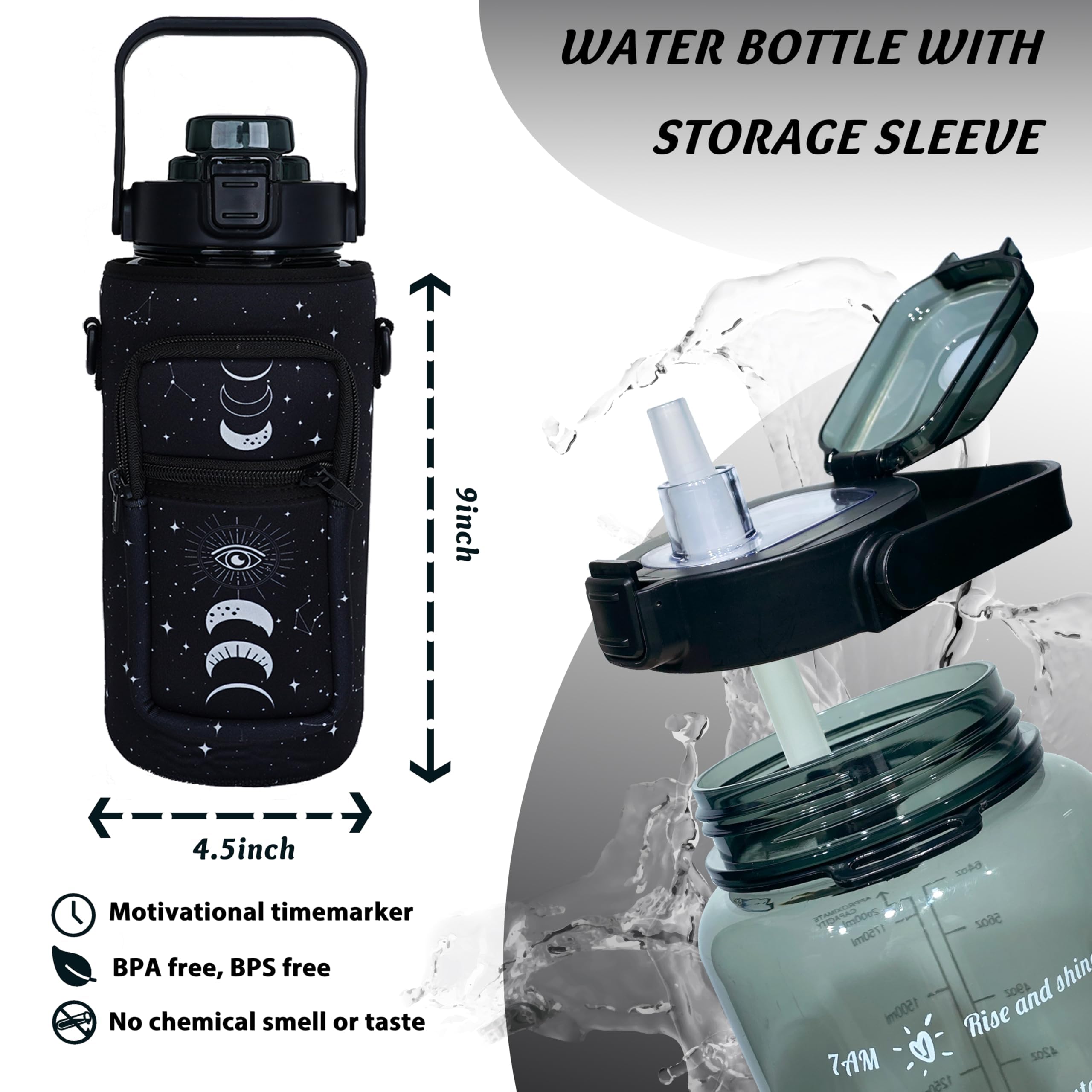 64 Oz Water Bottle With Straw Sleeve & Strap Motivational Half Gallon Water Jug With Handle