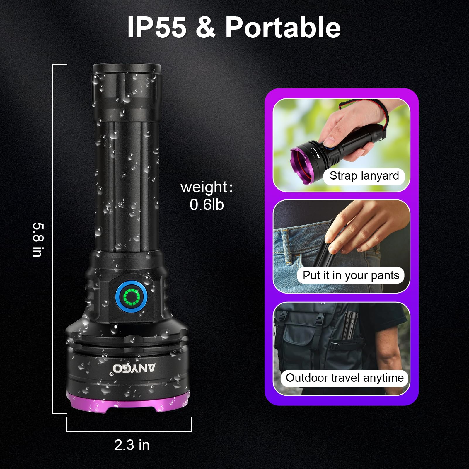 Anygo 365 Nm High-Power Uv Flashlight, 30W Black Light Flashlight, Ultraviolet Bright Uv Led Torch For Outdoor, Home And Inspection, Detect Pet Urine Detection, Ore And Jade, Durable And Rechargeable