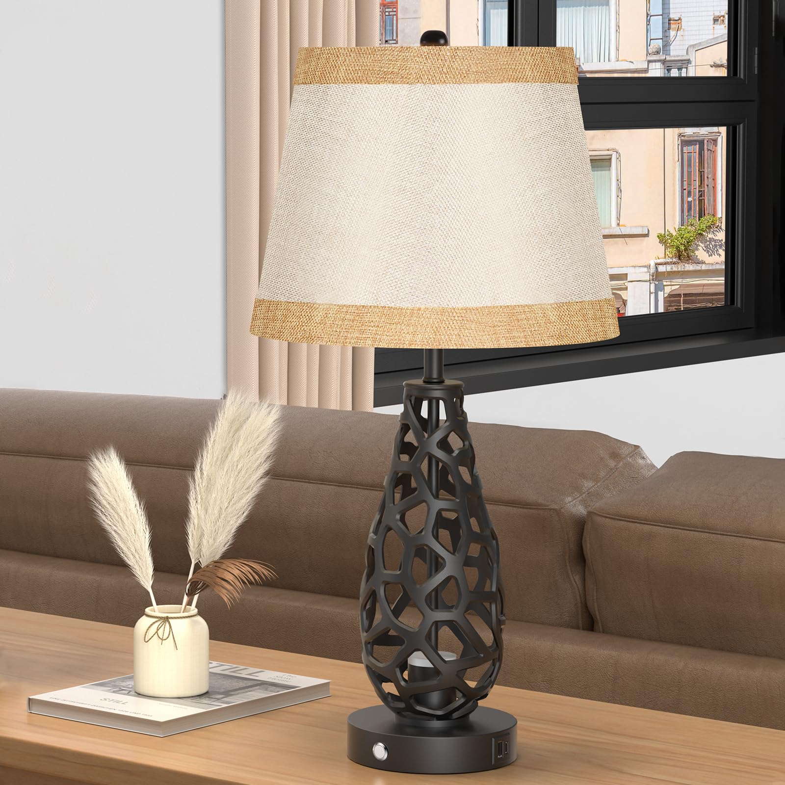 Bird&Fish Touch Control Table Lamp Modern Bedside Lamp Bedroom Lamps 3 Color Dimmable Nightstand Lamp Night Lamp Desk Lamp For Living Room Hollow With Usb-A And Usb-C Charging Ports (Black-1)