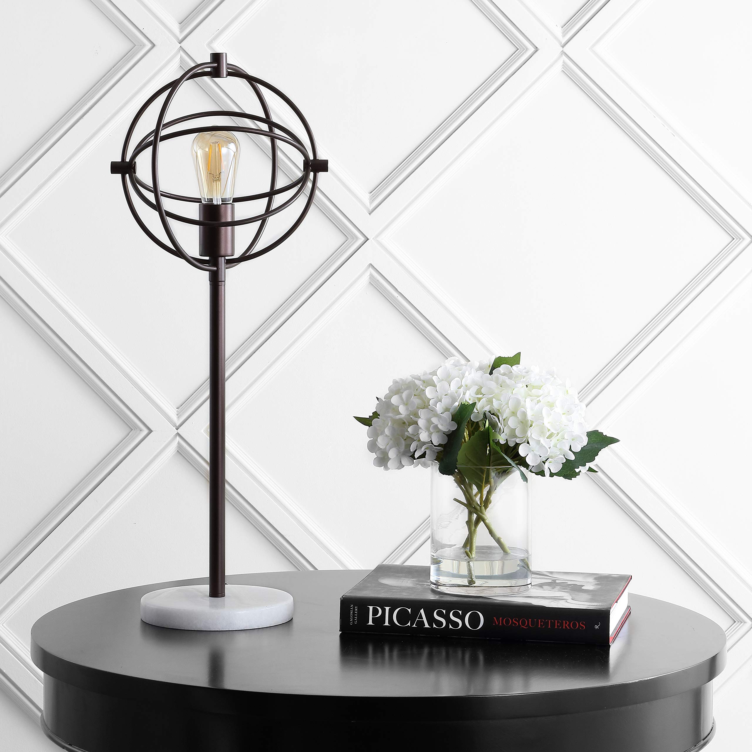 Jonathan Y Jyl1091A Atomic Caged 26.5" Edison Bulb Metal/Marble Modern Led Table Lamp Rustic Industrial Bedside Desk Nightstand Lamp For Bedroom Living Room Office College, Oil Rubbed Bronze/White