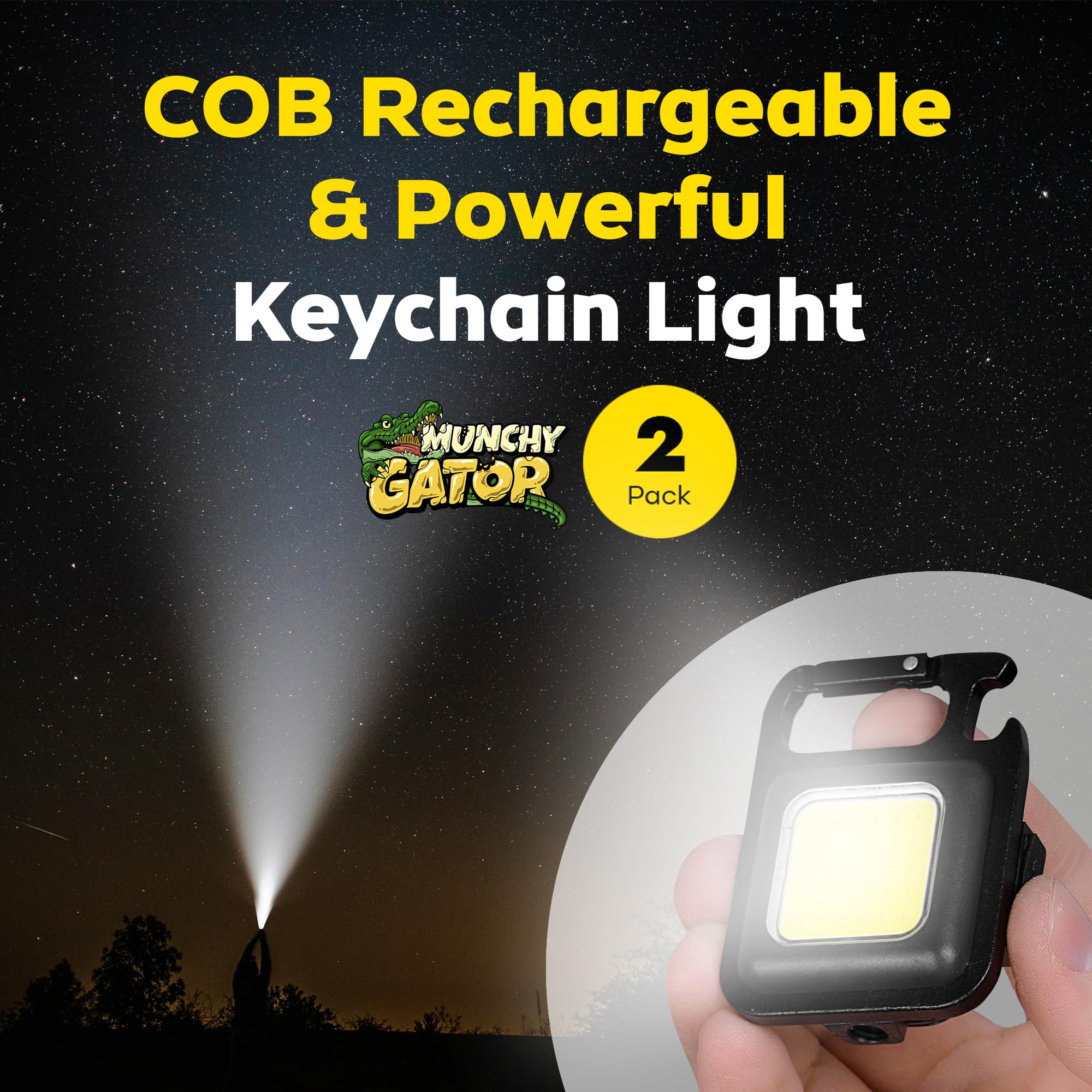 Munchy Gator Cob Keychain Flashlight  Mini Rechargeable Work Light  4 Brightness Modes  Usb-C Charging  Magnetic Base Folding Bracket  Emergency Light, Everyday Carry, Fishing, Outdoors  2-Pack