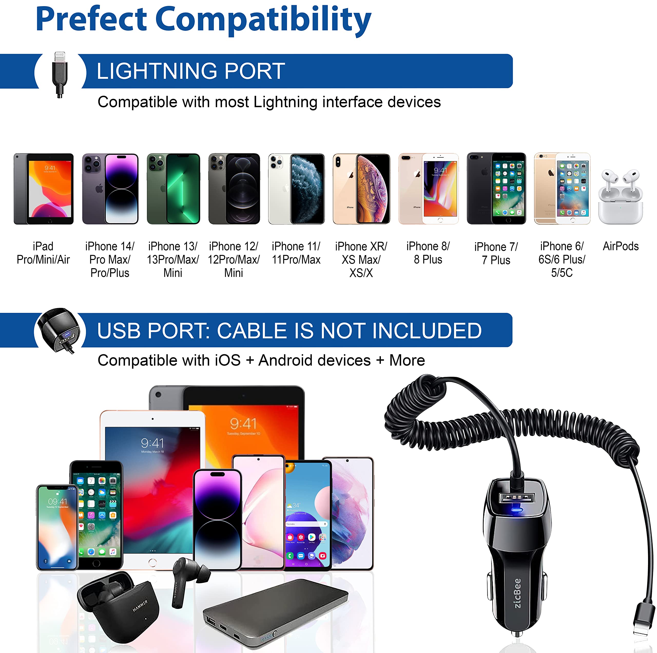 Zicbee Car Charger For Iphone, 3.6A/18W Built-In 4.9Ft Spiral Lightning Coiled Cable, 12-24V Fast Charging Cigarette Lighter Plug Adapter For Iphone 14 13 12 11 Mini Pro Max Plus Xr Se Xs X 8 7 6 5, Ipad