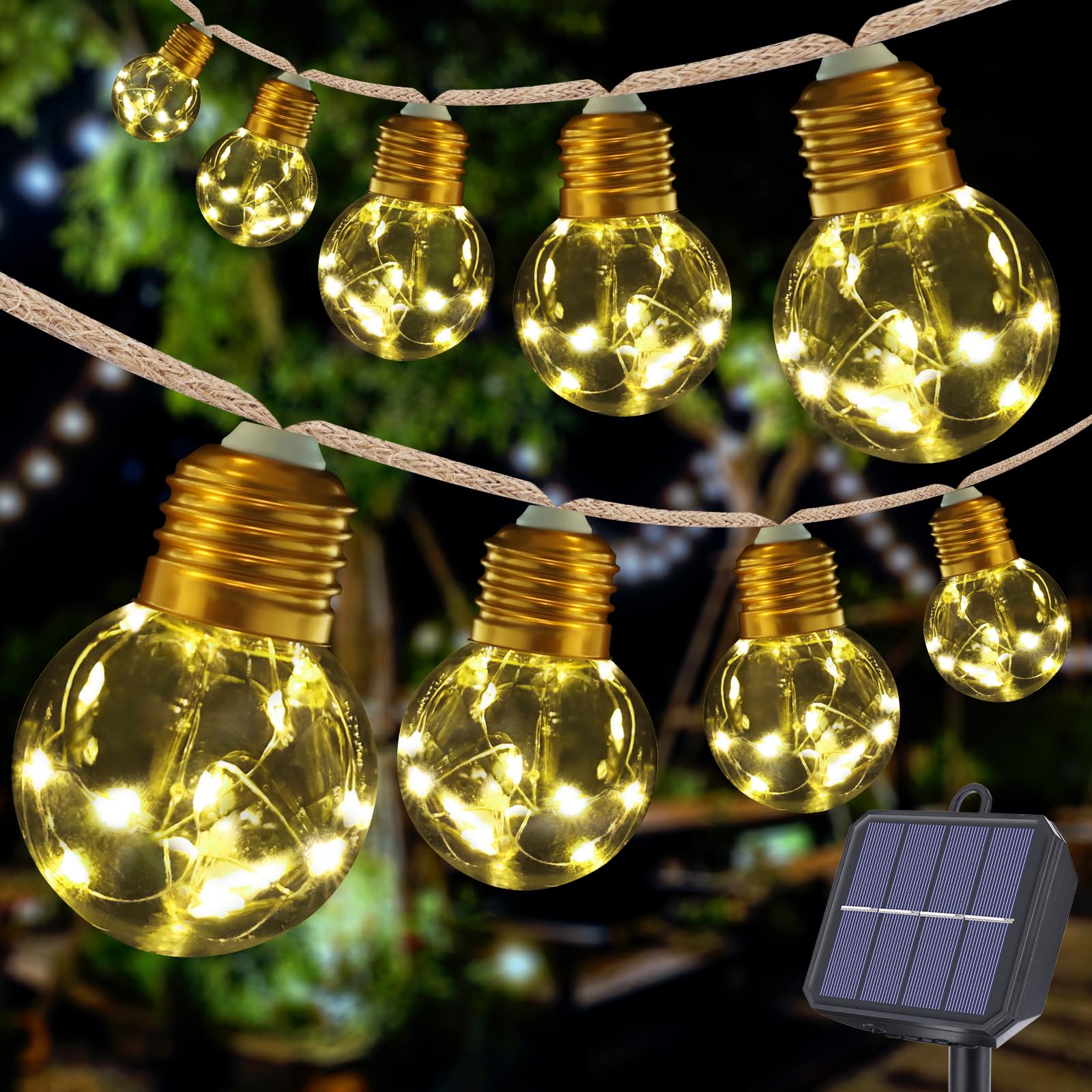 Ishabao Solar String Lights Outdoor, 20Ft Solar Patio Lights, Vintage Rope Hemp Solar Powered Globe Lights Waterproof With 8 Modes 16 Shatterproof Bulbs For Garden Fence Balcony Cafe Bistro Party-Warm White