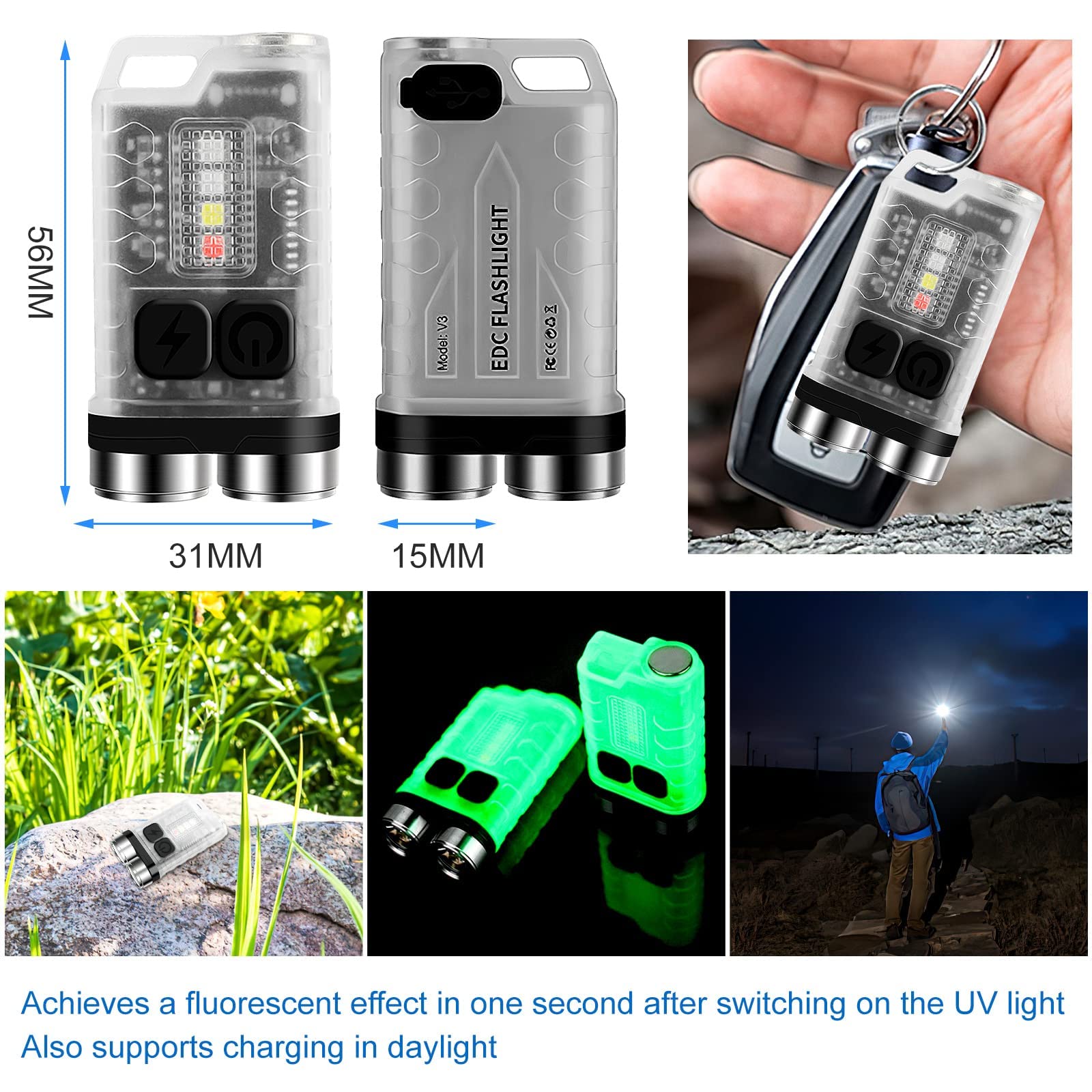 Graboyy Mini Keychain Flashlights High Lumens, Edc Flashlight Rechargeable With Red Uv Blue Light & Tail Magnet, 900 Lumens Led Pocket Small Powerful Flashlights For Camping, Emergencies,Everyday Carry, Ip65