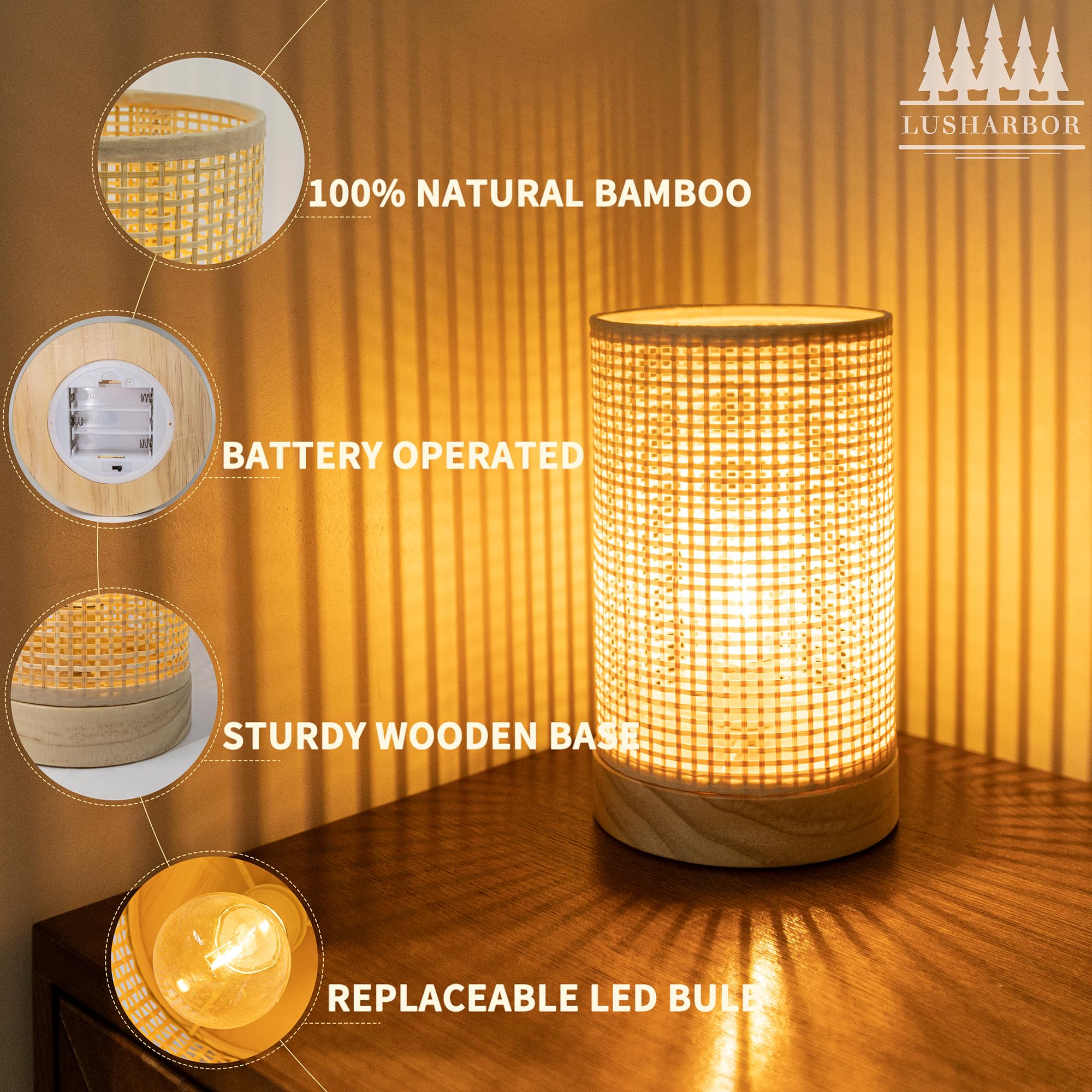 Lusharbor Battery Operated Lamp With Timer, Rattan Boho Table Light Battery Powered Beside Lamps Small Cordless Lamp For Kids Room Entryway Home Decor