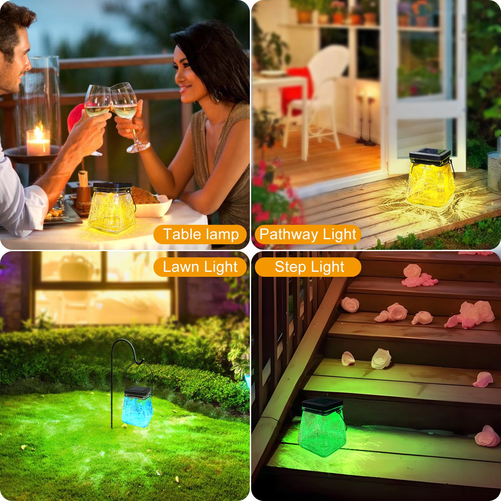 Megfiehun Solar Lantern Outdoor Waterproof,Hanging Solar Rgb Lights For Outside,Crackle Glass Outdoor Lantern Table Lamps For Garden Decor Patio Yard Lawn Pathway