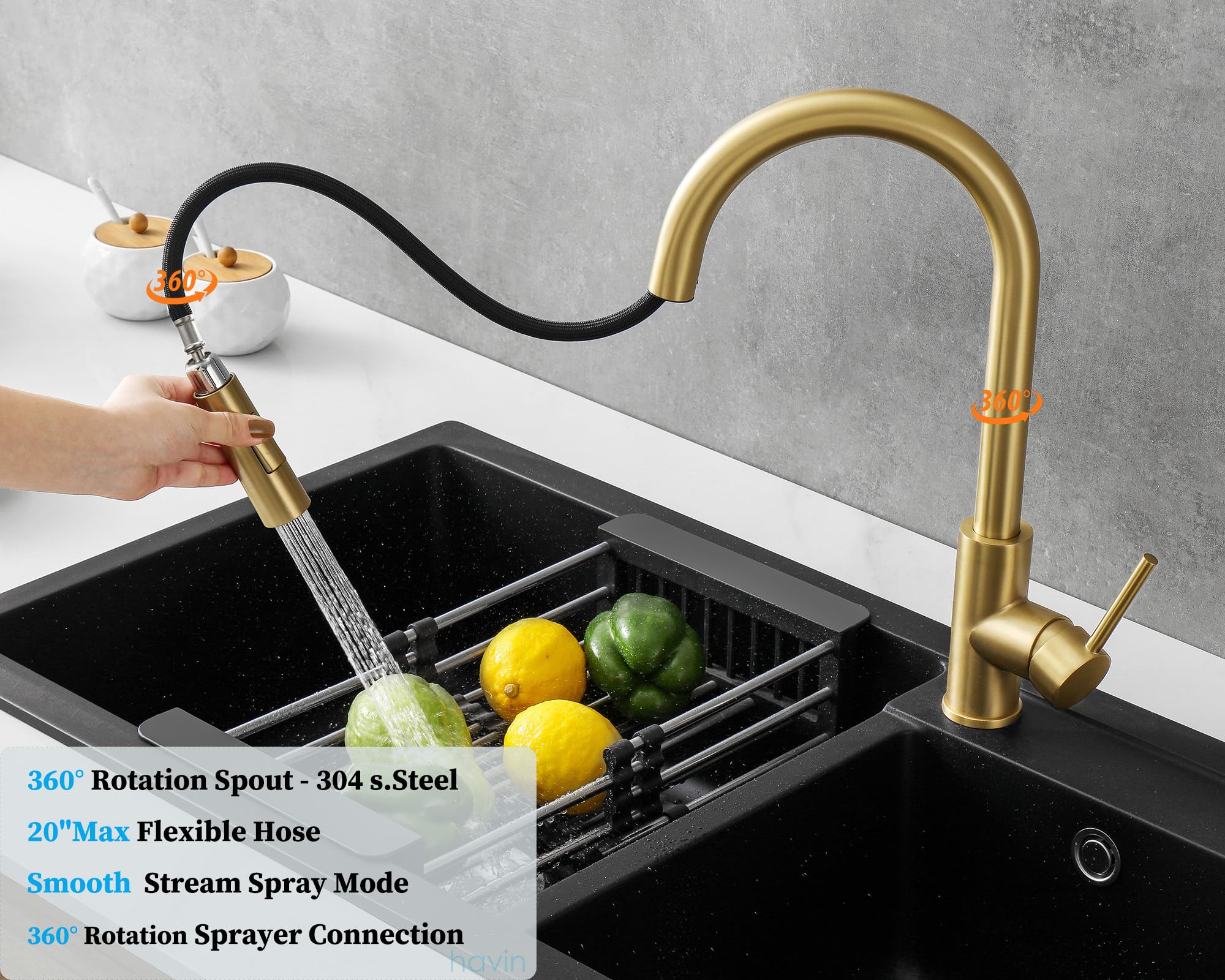 Havin Gold Kitchen Faucet With Pull Down Sprayer, High Arc Stainless Steel Material, With Cupc Ceramic Cartridge,Without Deck Plate,Fit For 1 Hole Kitchen Sink Or Laundry Sink,Brushed Gold,Hv501G
