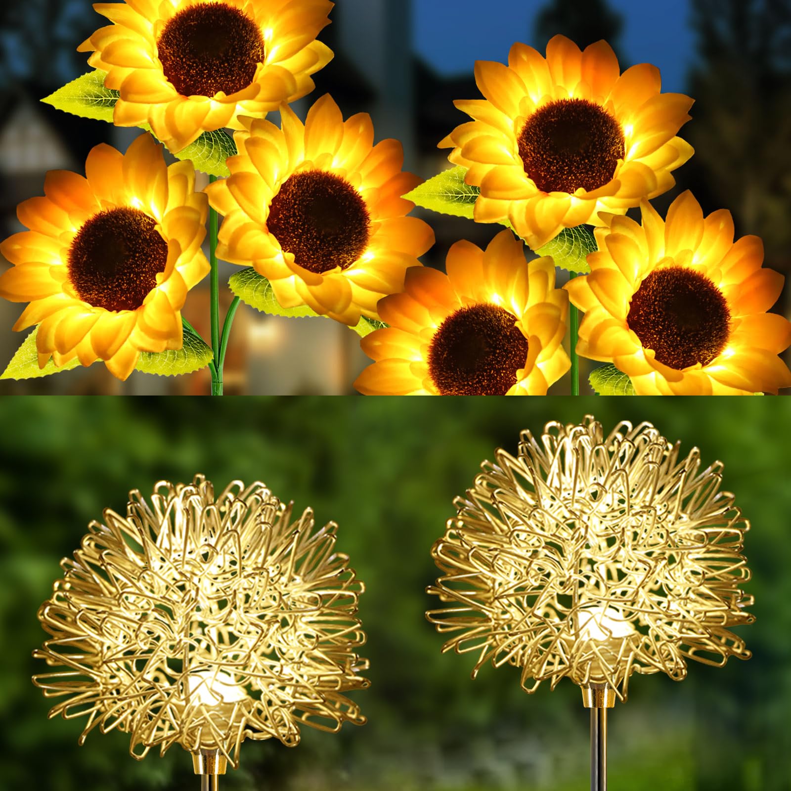 Yshengmian 2 Pack Sunflower Garden Lights + 2 Pack Aluminum Ball Garden Lights