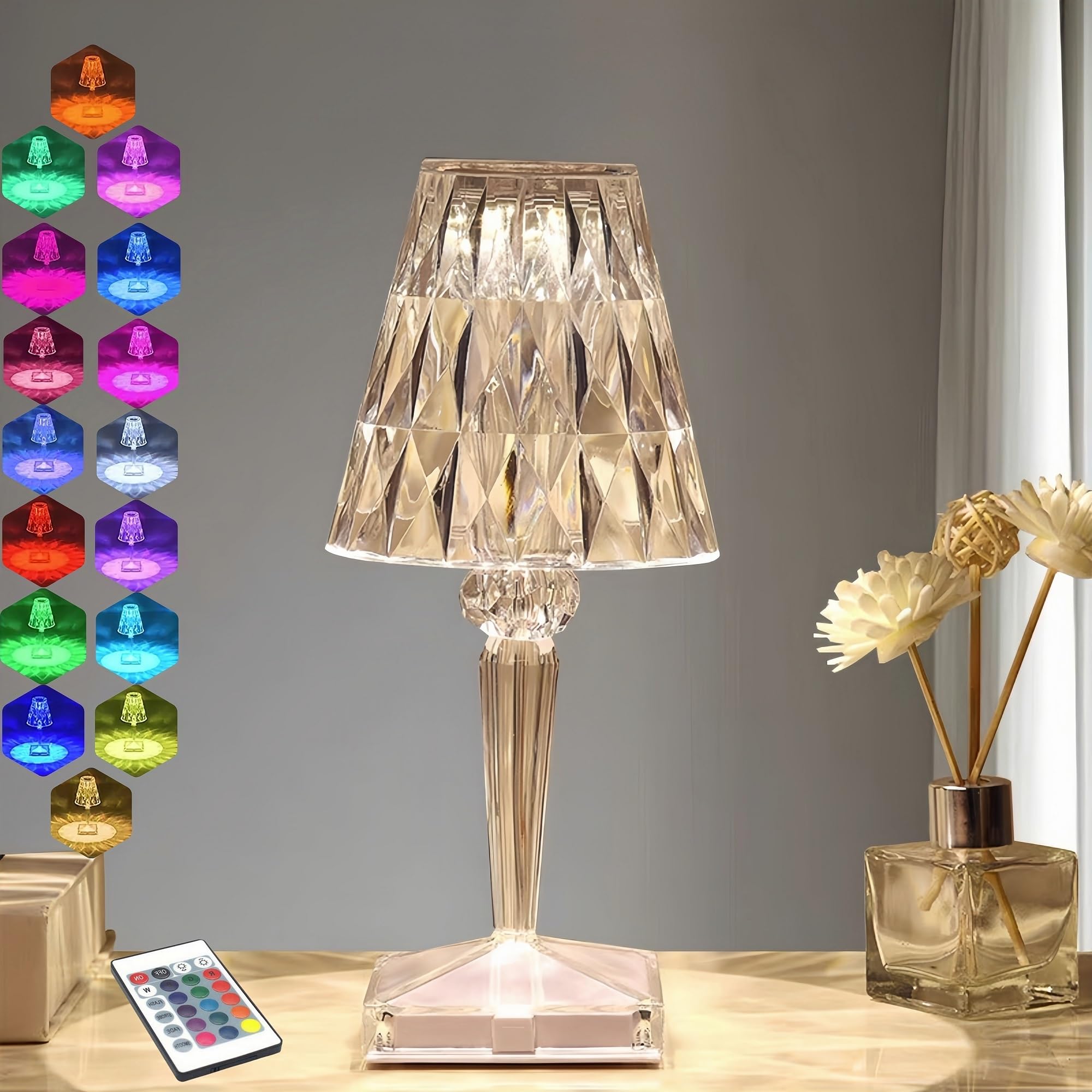 Wulcfch Crystal Table Lamp Touch Light, Led Night Lights Usb Rechargeable Cordless Lamp With 16 Color Remote Changing Portable Bedside Lamps Cute Small Lamp For Bedroom Decor Desk Lamp (2000Mah Diamonds)