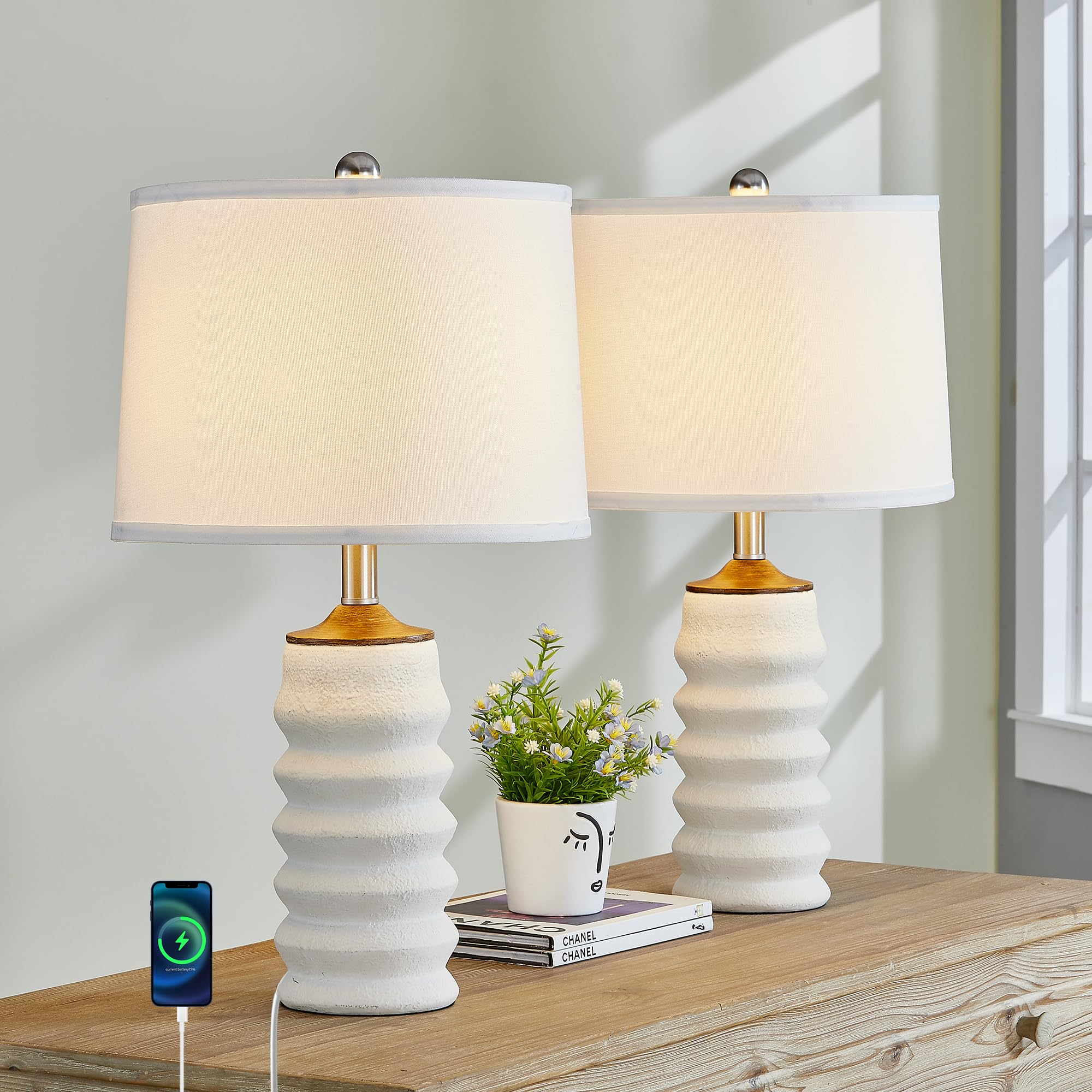 Hightry Set Of 2 White Table Lamps For Living Room, 23" Farmhouse Resin Bedside Lamps With Usb Port, 3 Way Dimmable Bedroom Table Lamps With White Shade For Living Room, Office
