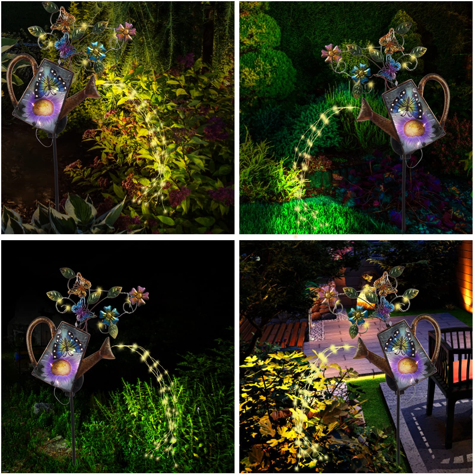 Larekook Solar Outdoor Watering Can Lights-Butterfly Decorative Path Lights, Metal Glass Solar Powered Garden Waterfall Decor Ornament For Yard Lighting Outside
