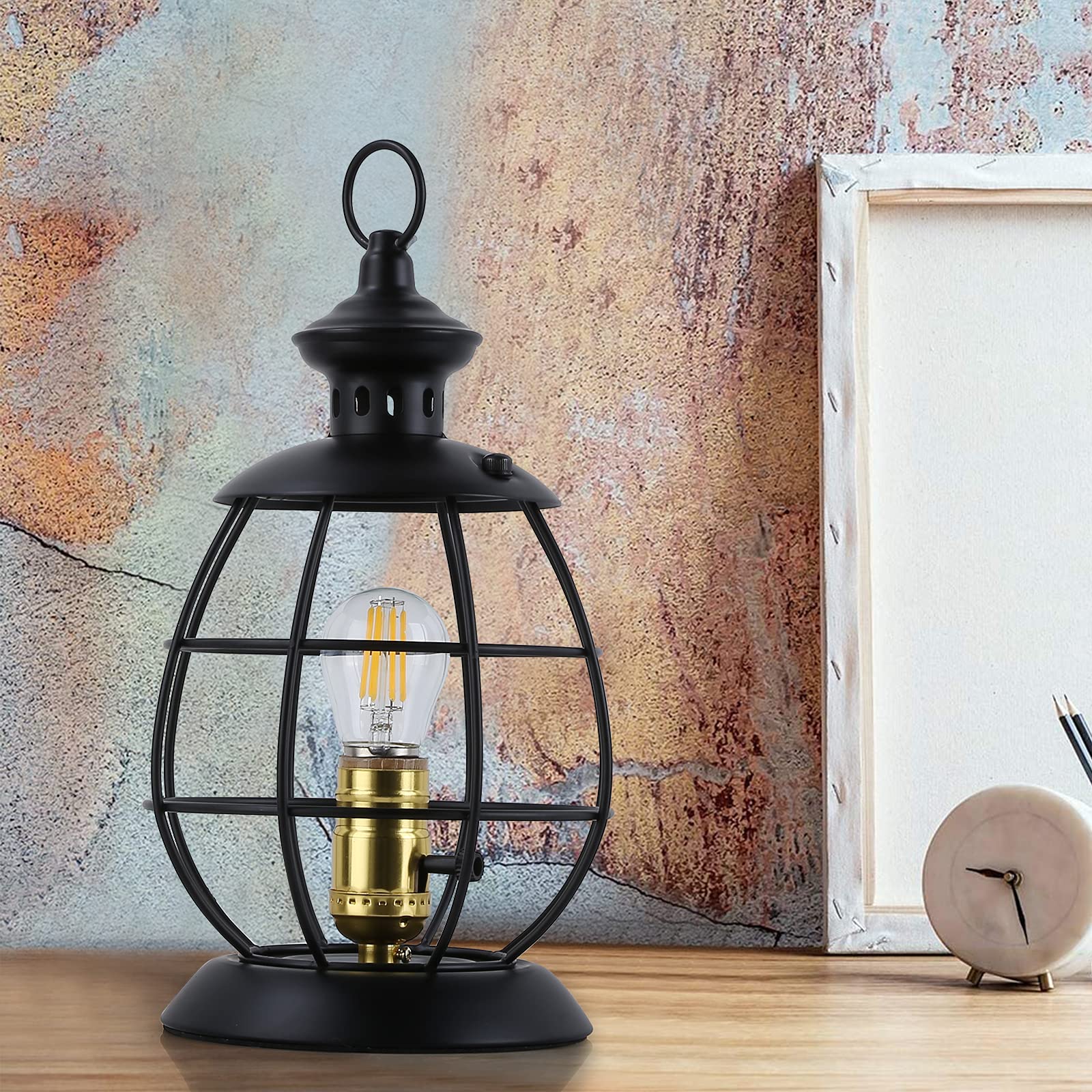 Cosylux Antique Industrial Electric Lantern Table Lamp For Bedroom Bedside, Metal Cage Shade Reading Desk Lamp With Hanging Hoop For Living Room, Modern Retro Mid-Century Farmhouse Décor Black(No Bulbs)