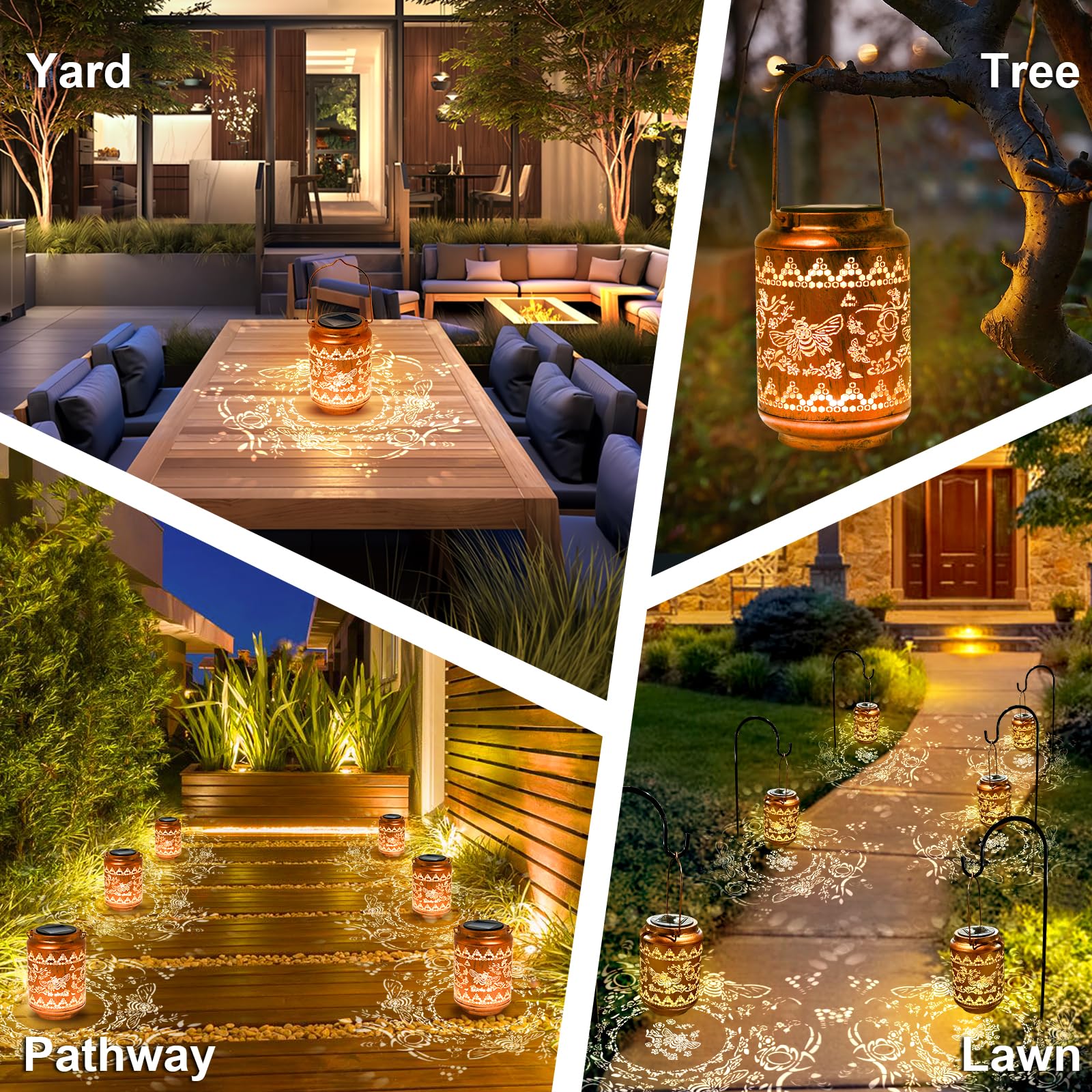 Joinow Solar Lanterns Outdoor Bee Metal Waterproof Garden Decor Christmas Birthday  For Women Mom Grandma Decorative Led Hanging Solar Lights Outside For Yard, Patio,Backyard,Landscape