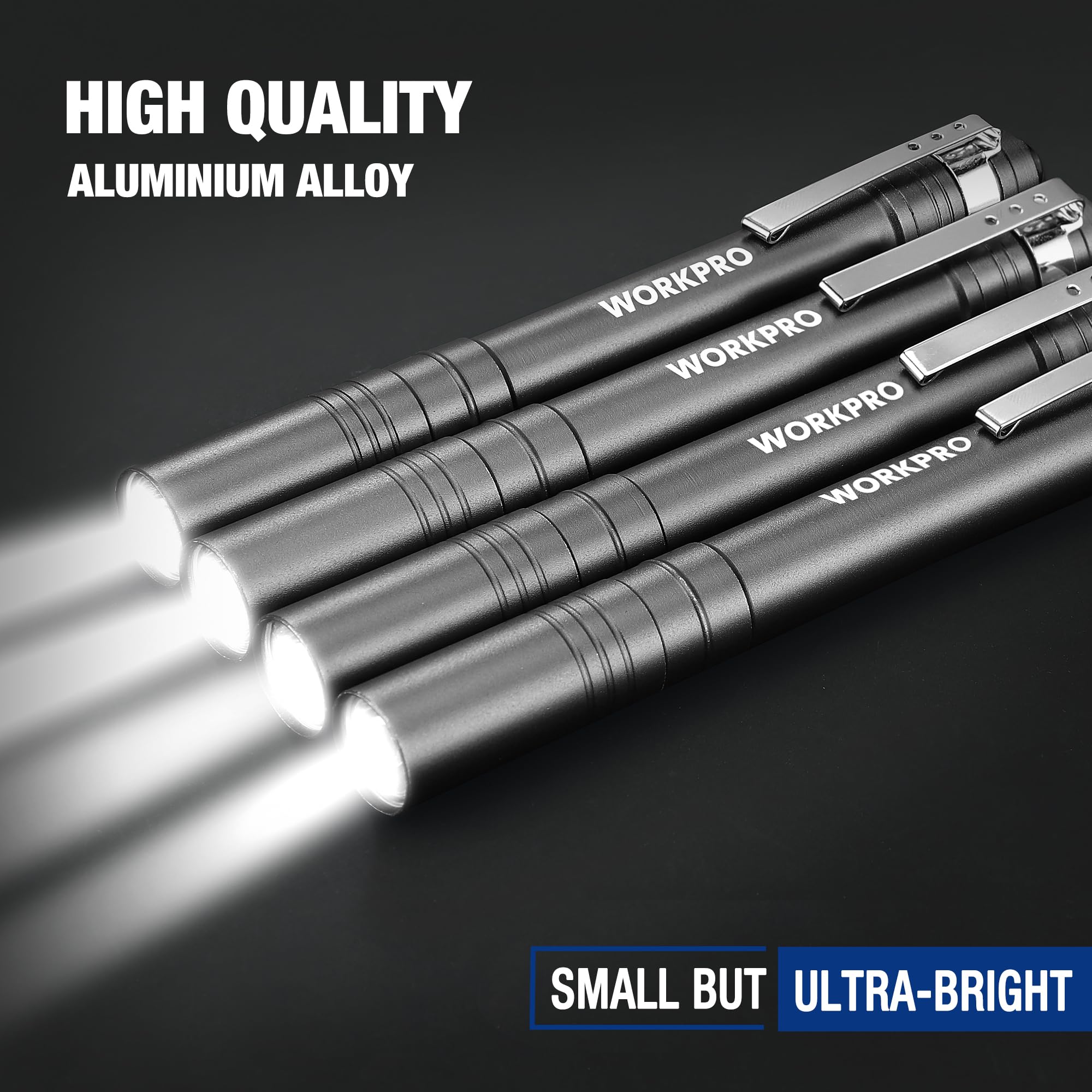 Workpro Led Pen Light, Aluminum Pen Flashlights, Pocket Flashlight With Clip For Inspection, Emergency, Everyday, 2Aaa Batteries Include, Gray(4-Pack)