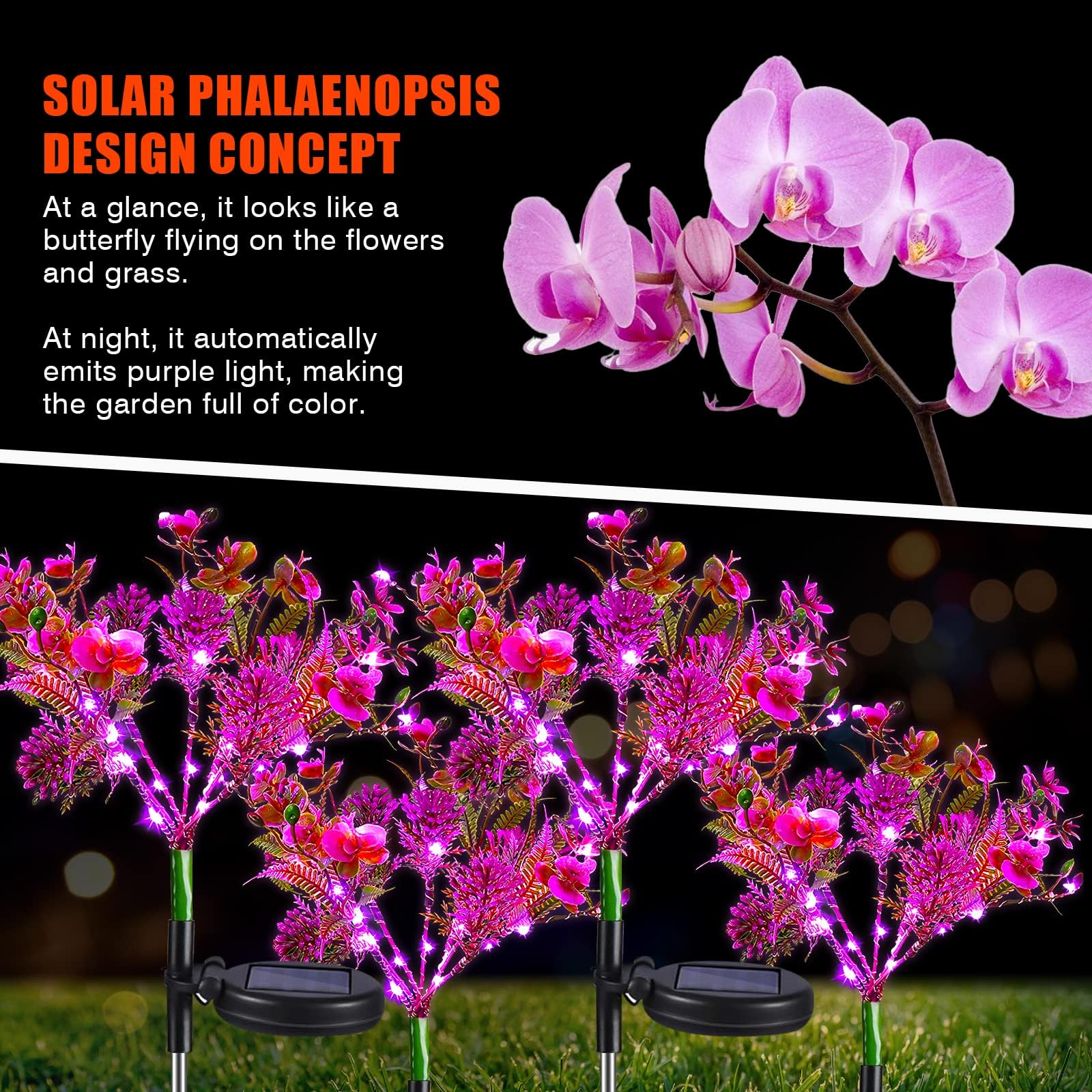 Neporal Solar Garden Lights, 4Pk Purple Phalaenopsis Solar Flowers Outdoor Waterproof, Solar Lights Outdoor Decorative For Garden, Yard Decor,