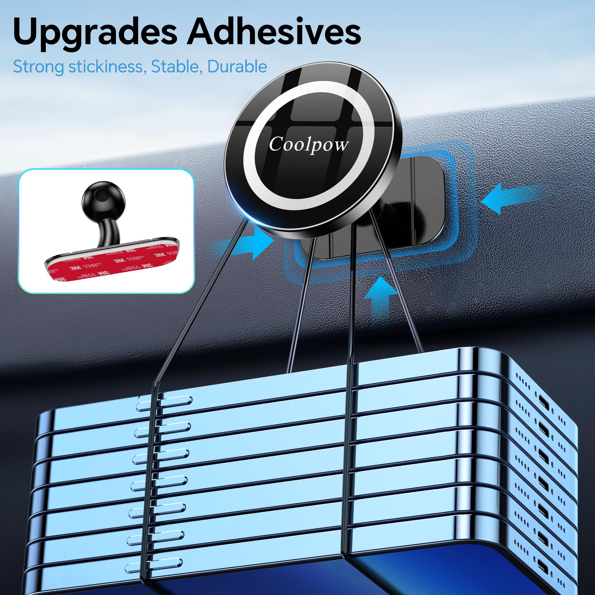 Coolpow For Iphone Magsafe Car Mount Dashboard【Stronger Magnets】 Magnetic Phone Holder For Car Dash【Hands  】 Magsafe Car Holder For Car Fit Iphone 15 14 13 12 Pro Max Plus Mini Mag Safe Case &Cell Phone