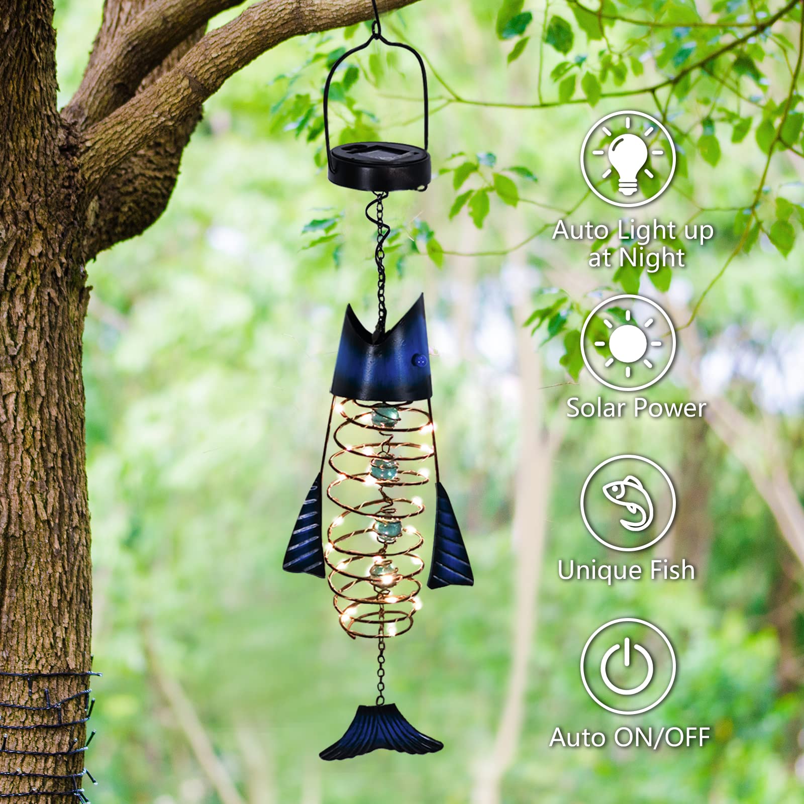 Hongland Outdoor Lights For Patio Garden Decor - Metal Solar Fish Hanging Decoration - Solar Lamp Decorative Yard Art - Pretty Nice Lantern For Man Woman Holiday Gift Ideas  Waterproof Warm Led Lighting