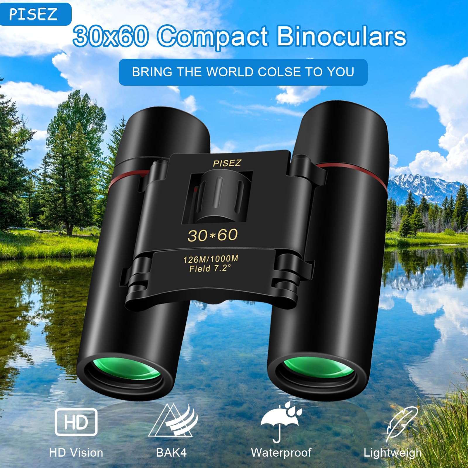 Pisez 30X60 Compact Binoculars For Adults And Kids，Lightweight Foldable Easy Focus Small Binoculars For Bird Watching Hunting Concert Traveling Theater Opera Sightseeing