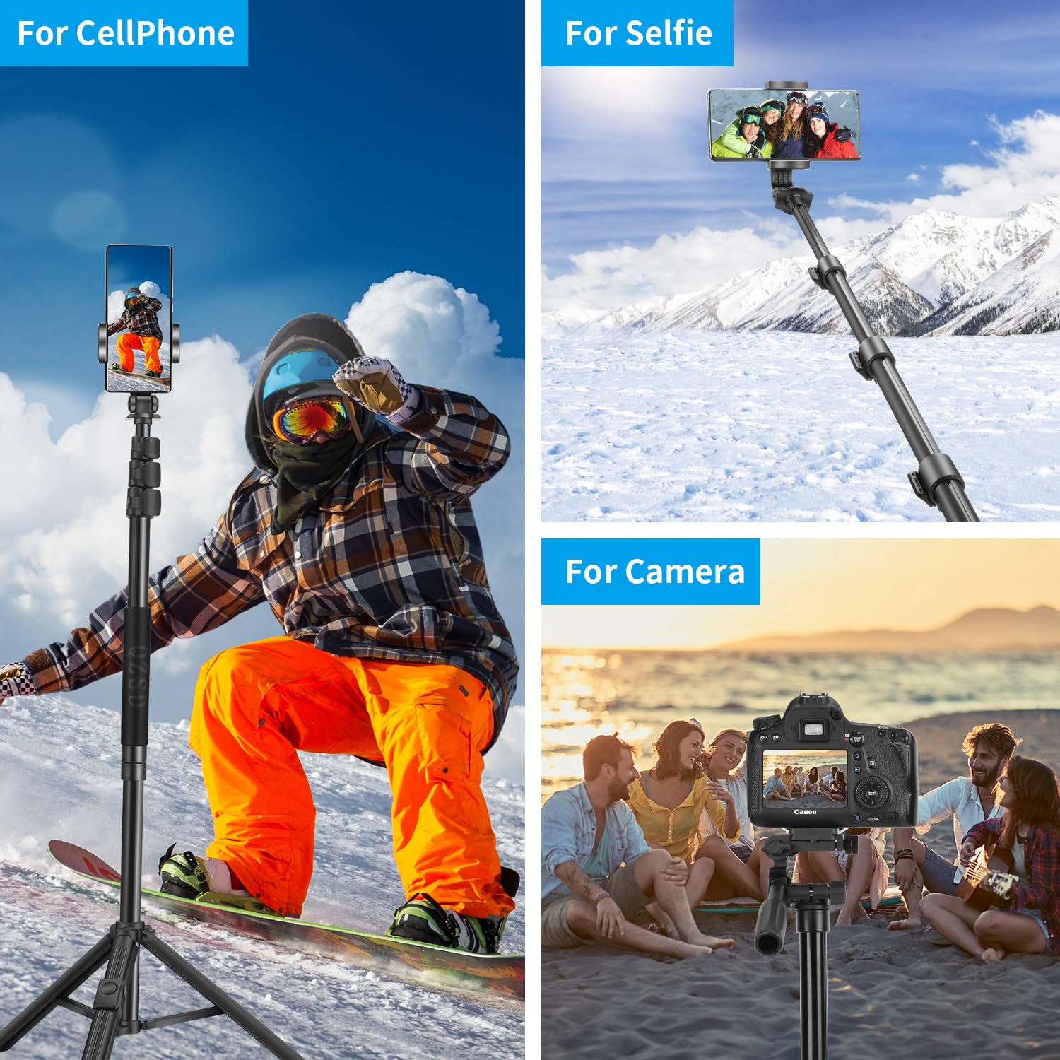 Qzsd 64" Phone Selfie Stick Tripod - Extendable 3 In 1 Aluminum Cell Phone Tripod Stand With Wireless Remote, Lightweight Phone Holder, Portable Travel Tripod For Phone Camera