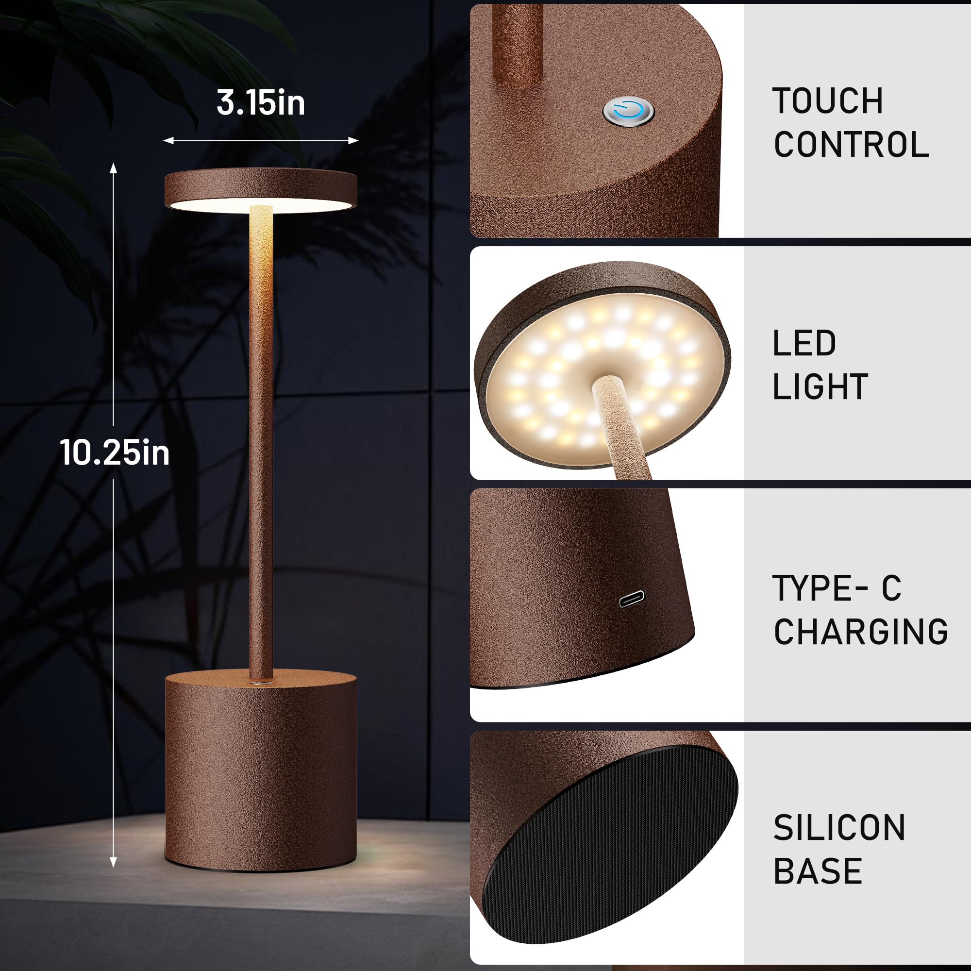 Willdoak Cordless Led Table Lamp Rechargeable - 5000Mah Portable Battery Operated Table Light - Outdoor Waterproof Dimmable Table Lamps For Bar Patio Dining Restaurant (Rust)