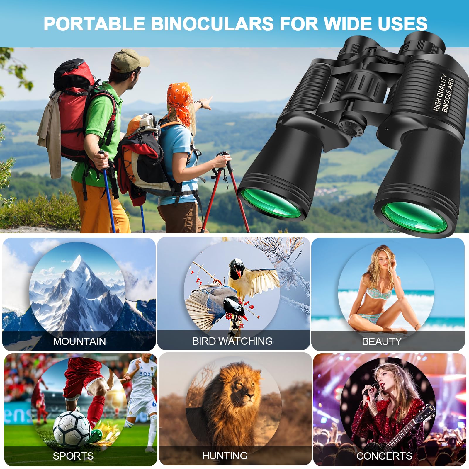Pisez 20X50 Binoculars For Adults High Powered With Low Light Vision，Large View Waterproof Binoculars For Bird Watching Hunting Concert Traveling Theater Opera Sightseeing
