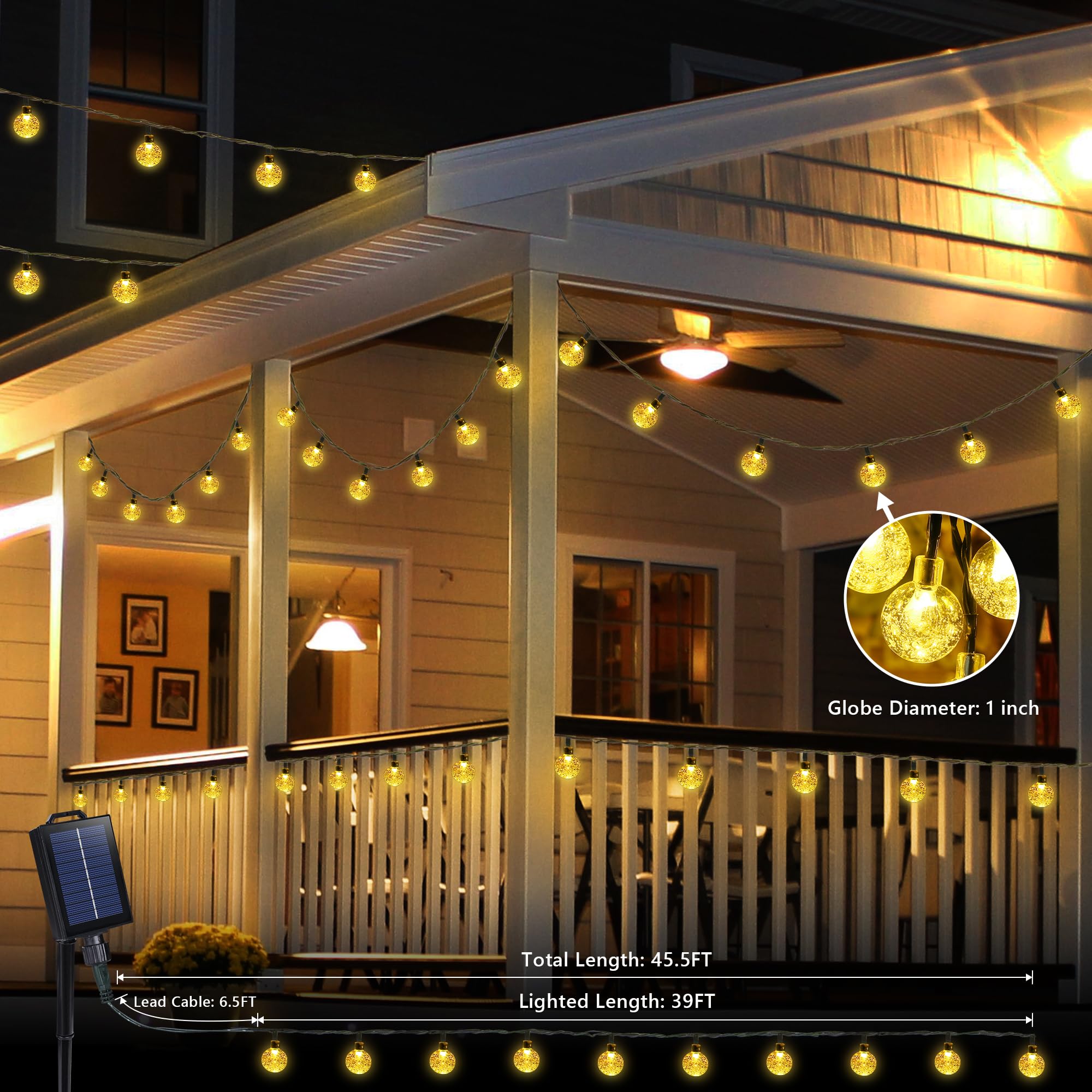 Joomer Solar Powered String Lights Waterproof,39Ft 60 Led Outdoor Solar String Lights Crystal Ball Lights 8 Modes Solar Globe Lights For Garden, Gazebo, Porch, Lawn, Patio, Tree Decor (Warm White)