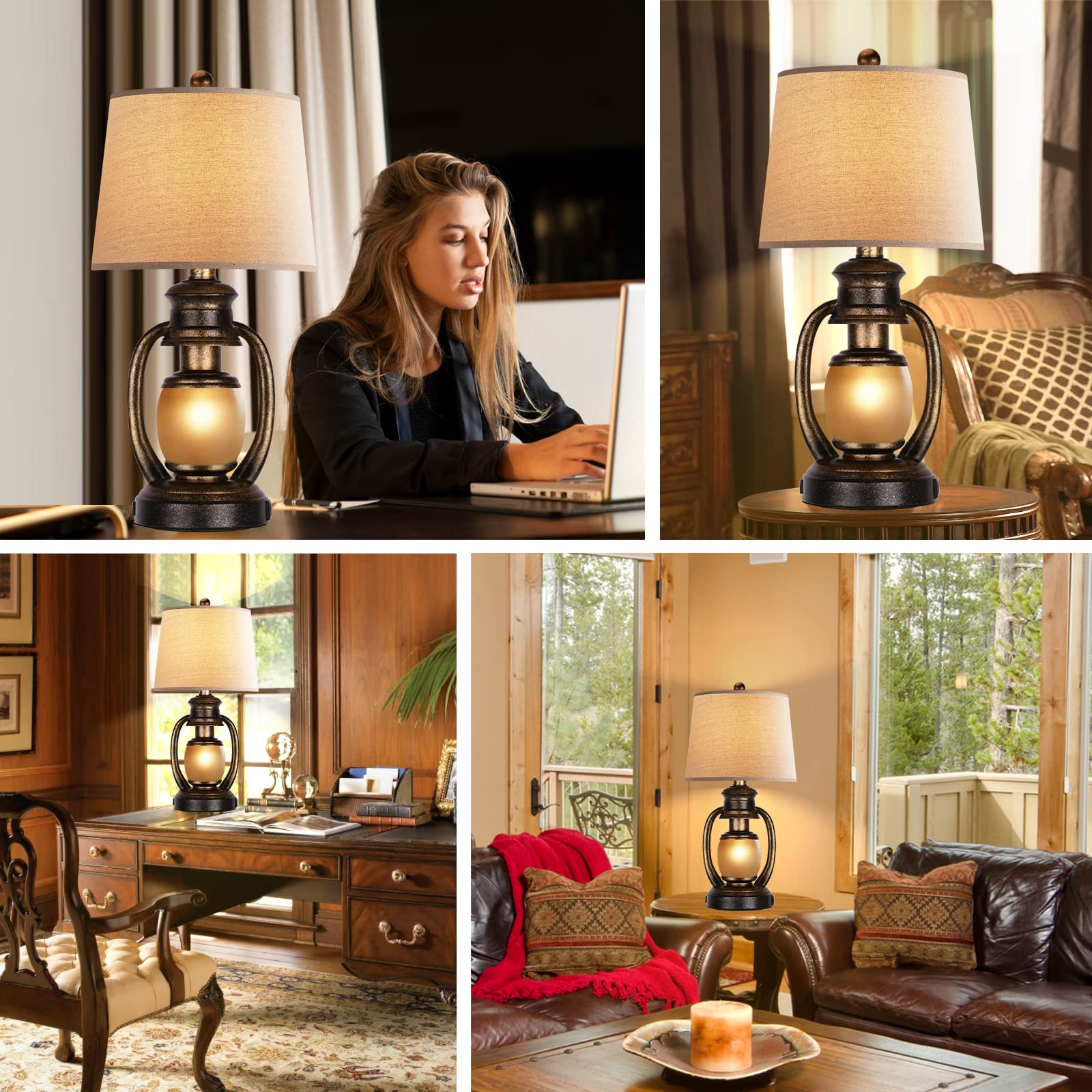Hamucd Rustic Table Lamps For Living Room Single Lantern Bedside Lamps With Oatmeal Tapered Drum Shades For End Table Bedroom Nightstand Hotel With 2 Usb Ports And One Ac Outlet