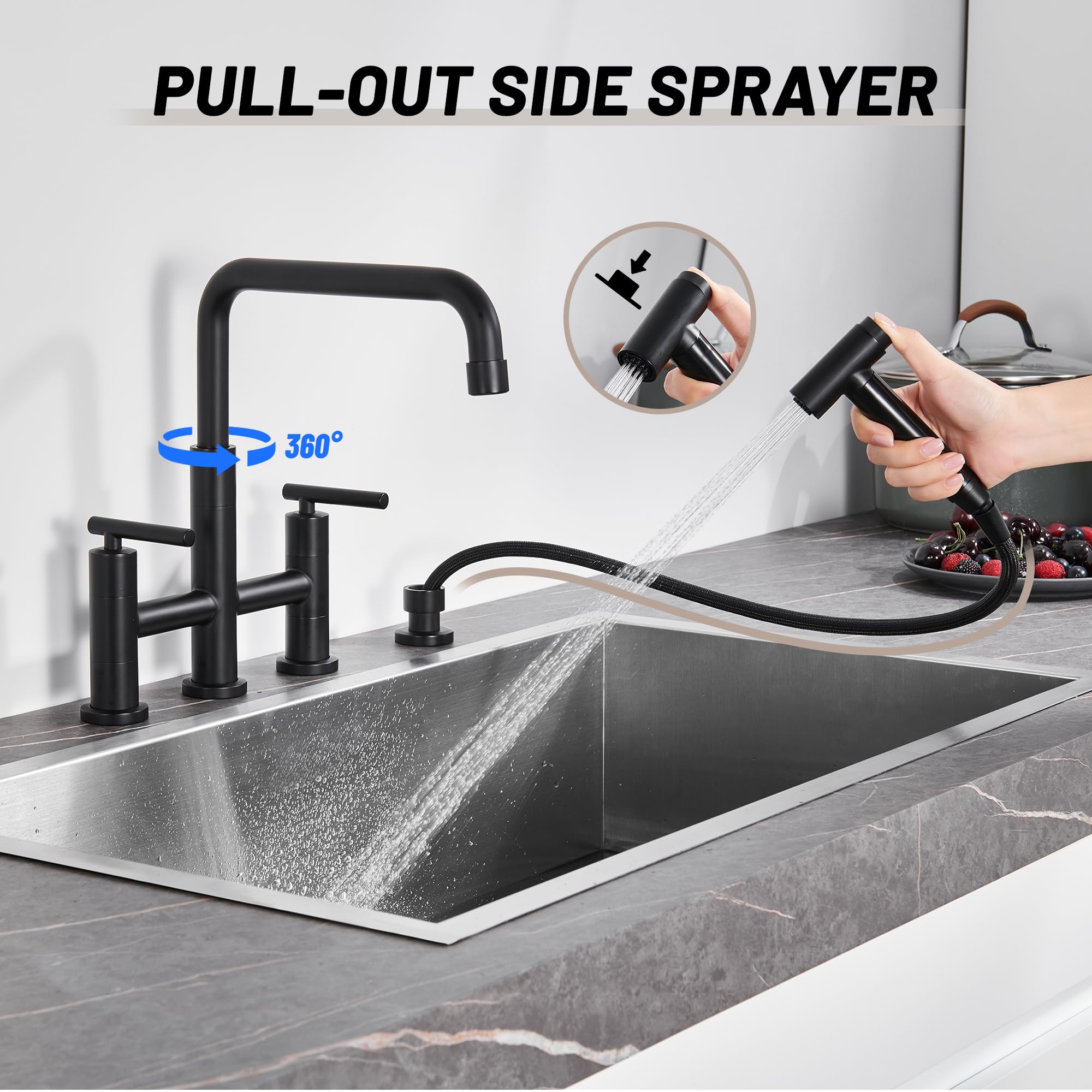 Mondawe Bridge Kitchen Faucet With Side Sprayer High Arch 2 Handles Farmhouse Kitchen Sink Faucet With Pull-Out Side Spray, 360° Swivel Spout, 4 Hole, 8 Inch Centerset, Matte Black
