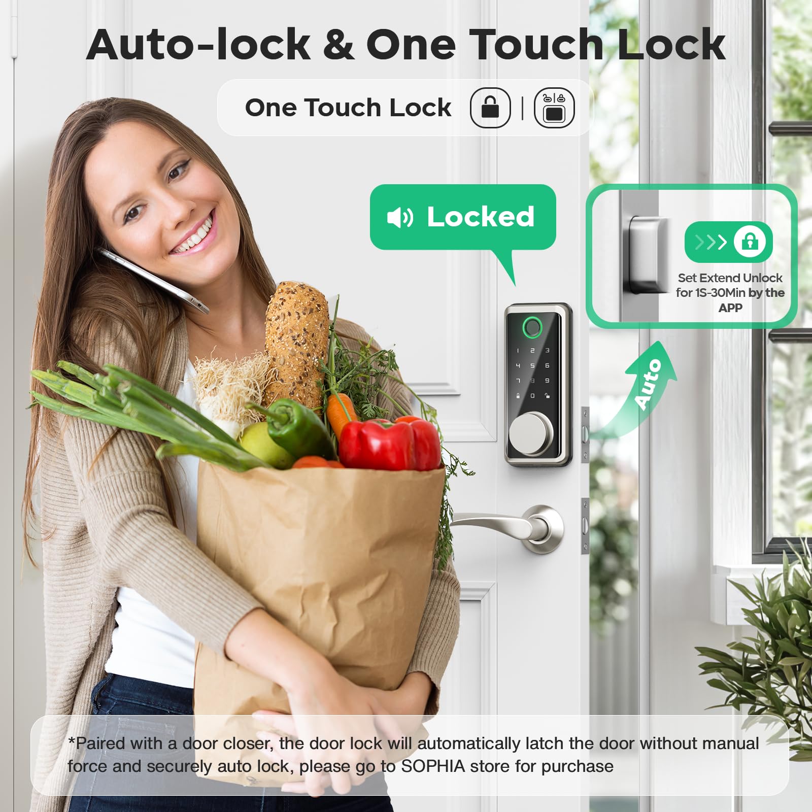 Sophia Keyless Entry Door Lock, Smart Auto Locks For Front Door & Key Fobs & Remote Control, Keypad Deadbolt Digital, Fingerprint Door Lock With Code, Cerraduras Inteligentes, Ip68, Satin Nickel