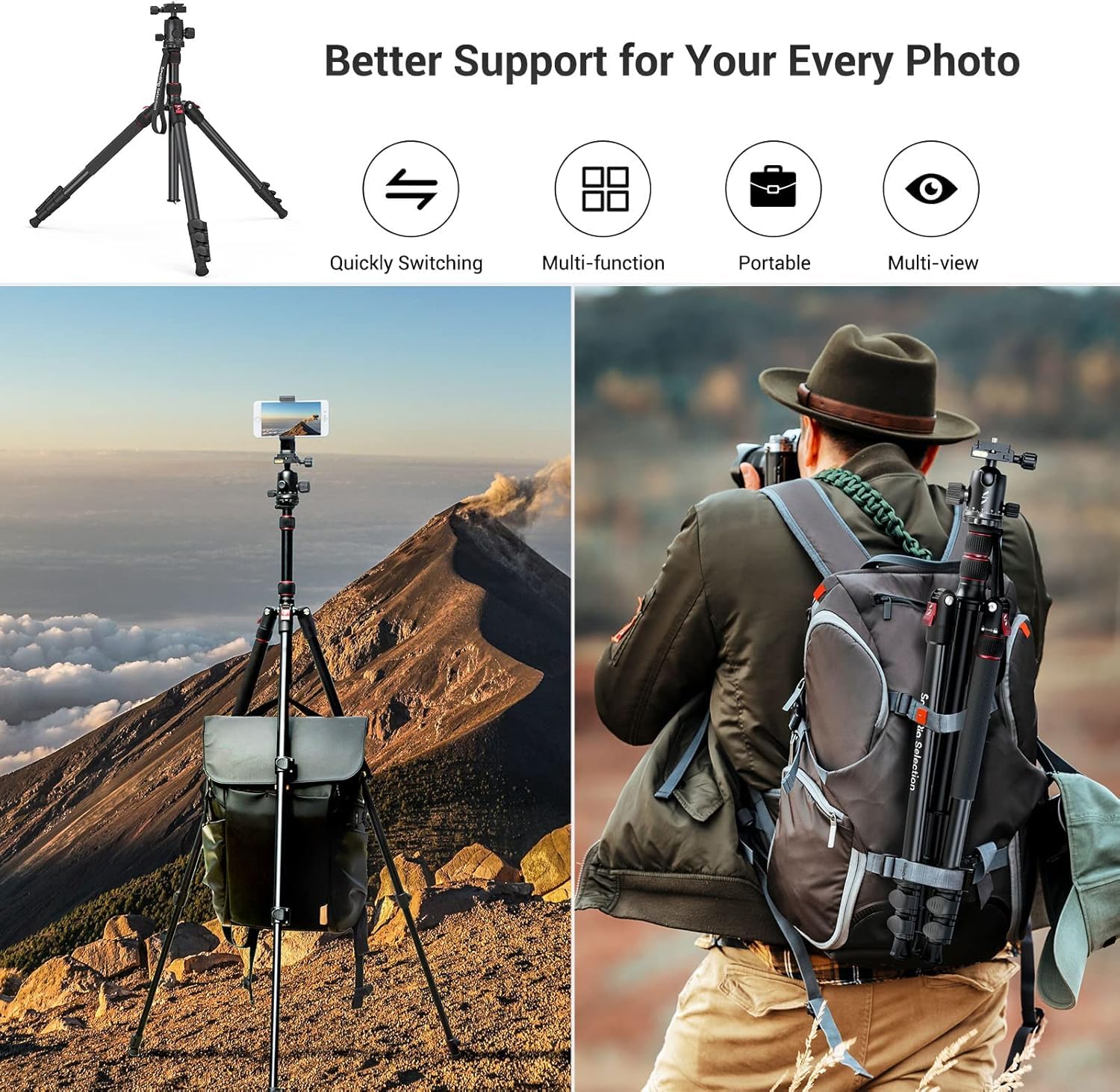 Smallrig Ct-20 Camera Tripod, 78.7" Foldable Aluminum Tripod & Monopod, 360°Ball Head Detachable, Payload 33Lb (200Cm/78.7")