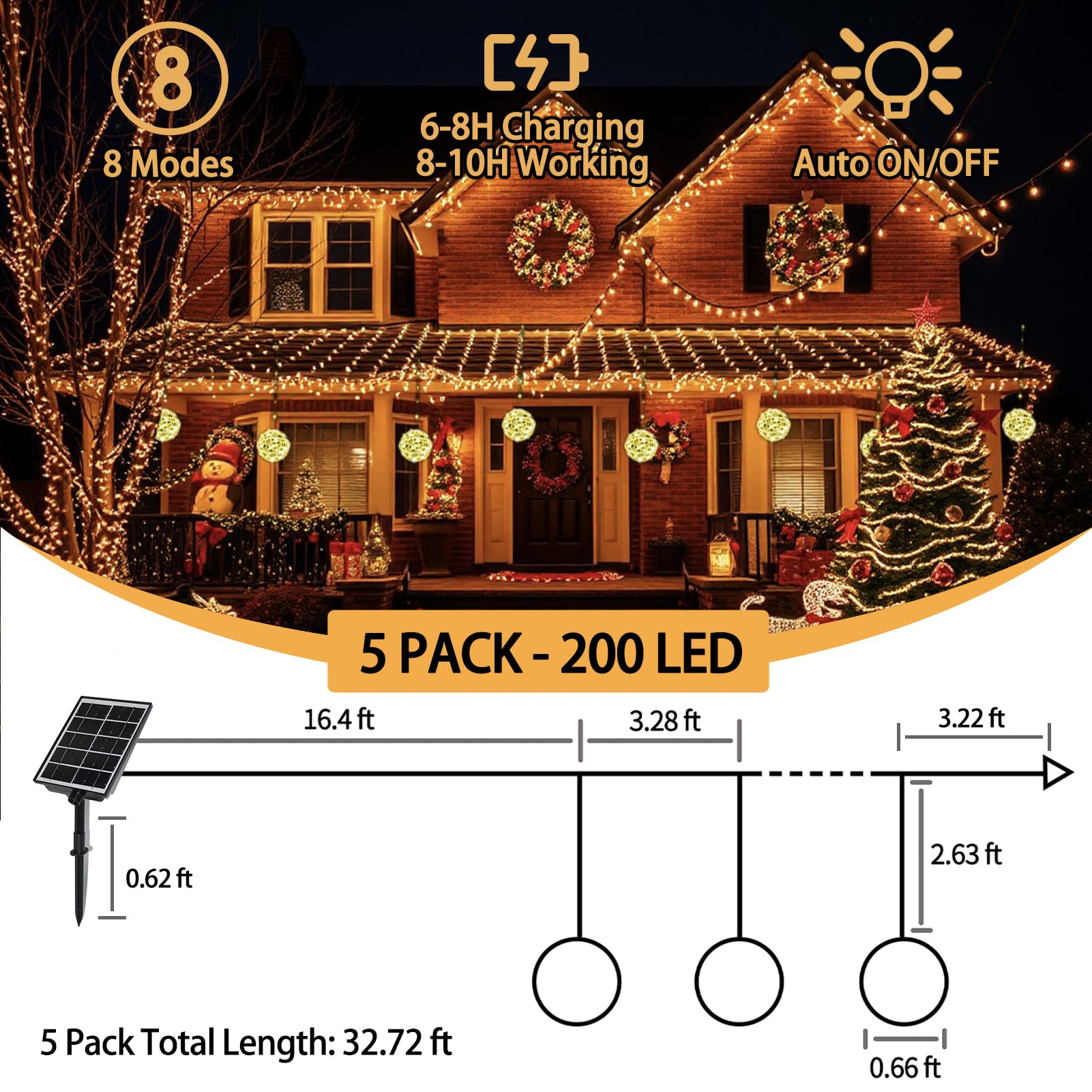 Wisegham Solar Christmas Ball Lights For Tree Outdoor, 5 Pack 200Led Globe Lights Waterproof, 8 Modes Solar Sphere String Lights Outside For Window Garden Yard Porch Wedding Party Decorations, Warm White