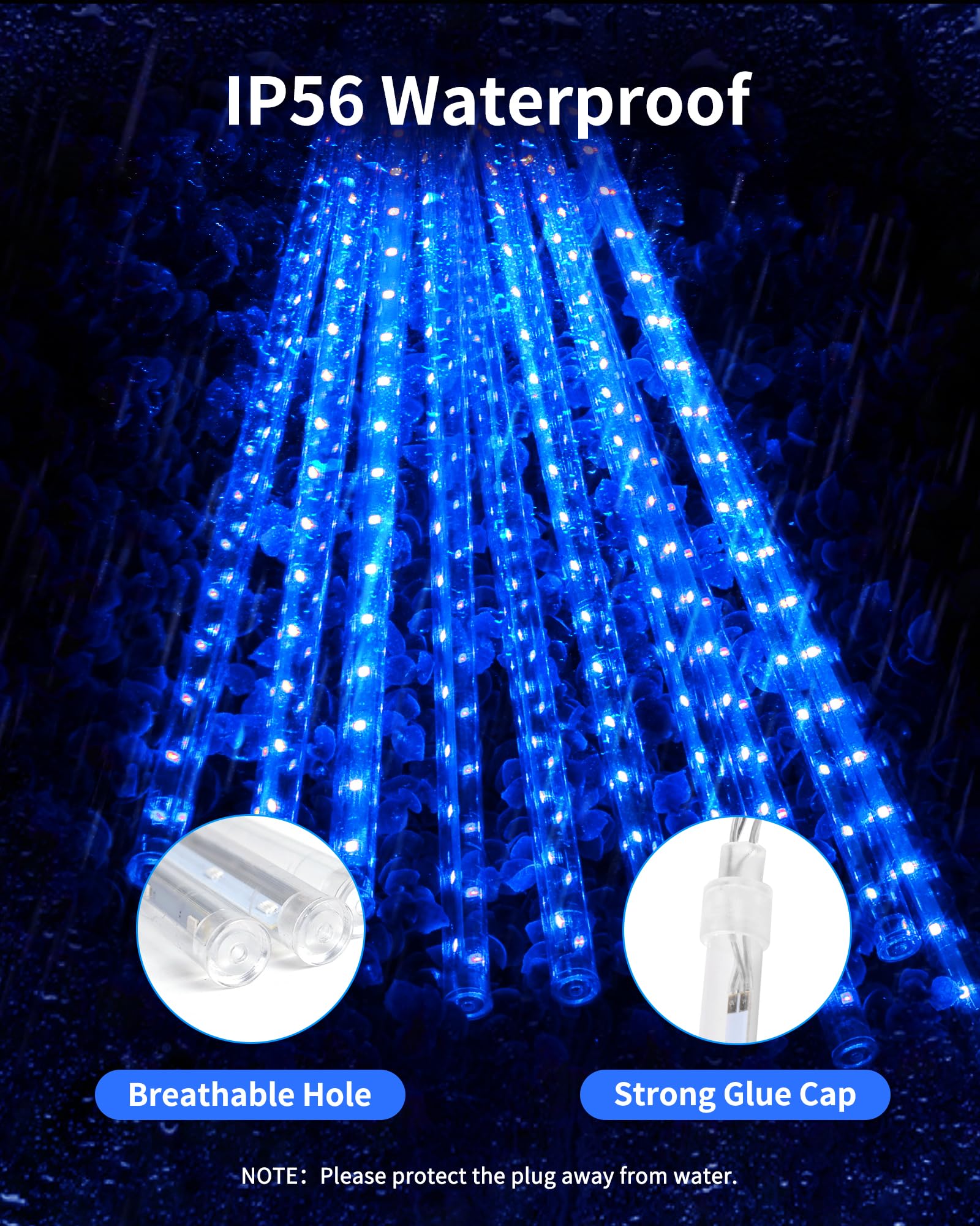 Blingstar Meteor Shower Lights - Outdoor 10 Tubes, 16 Inch, 360 Led, Waterproof Falling Rain Lights For Tree, Porch, Roof, Yard - Xmas, Halloween Decoration, Blue