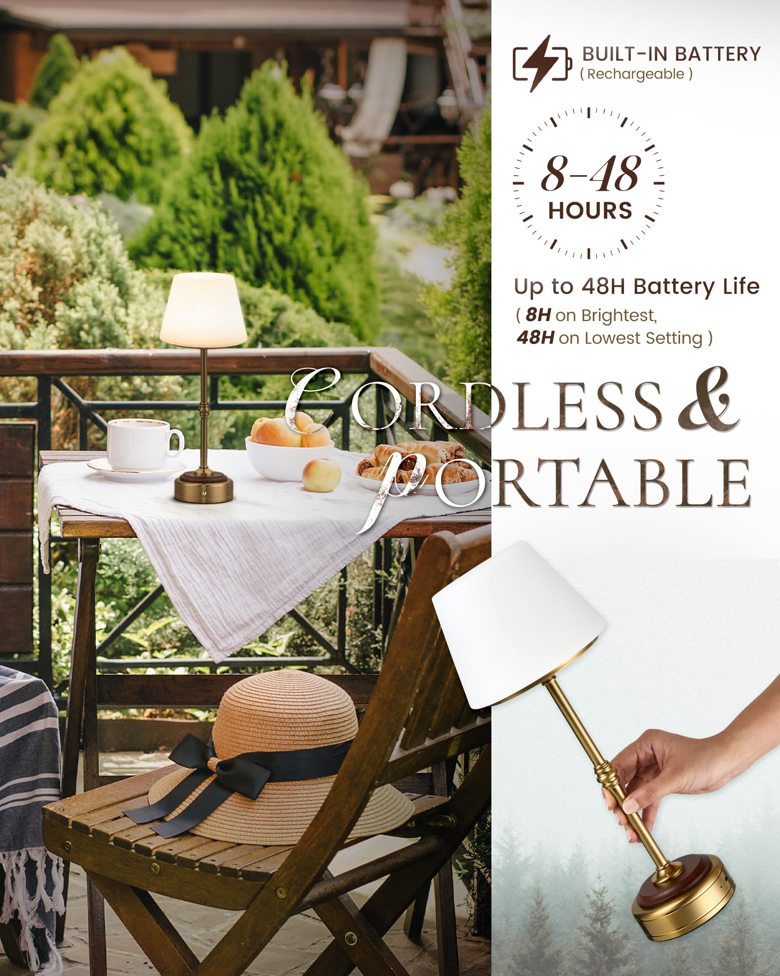 Hanass Cordless Led Table Lamp, Dimmable Bedside Lamp With Solid Wood Base Built-In Rechargeable Battery, Patio Wireless Table Lamp, Bedside Night Lamp For Restaurant, Antique Brass, Mt2316