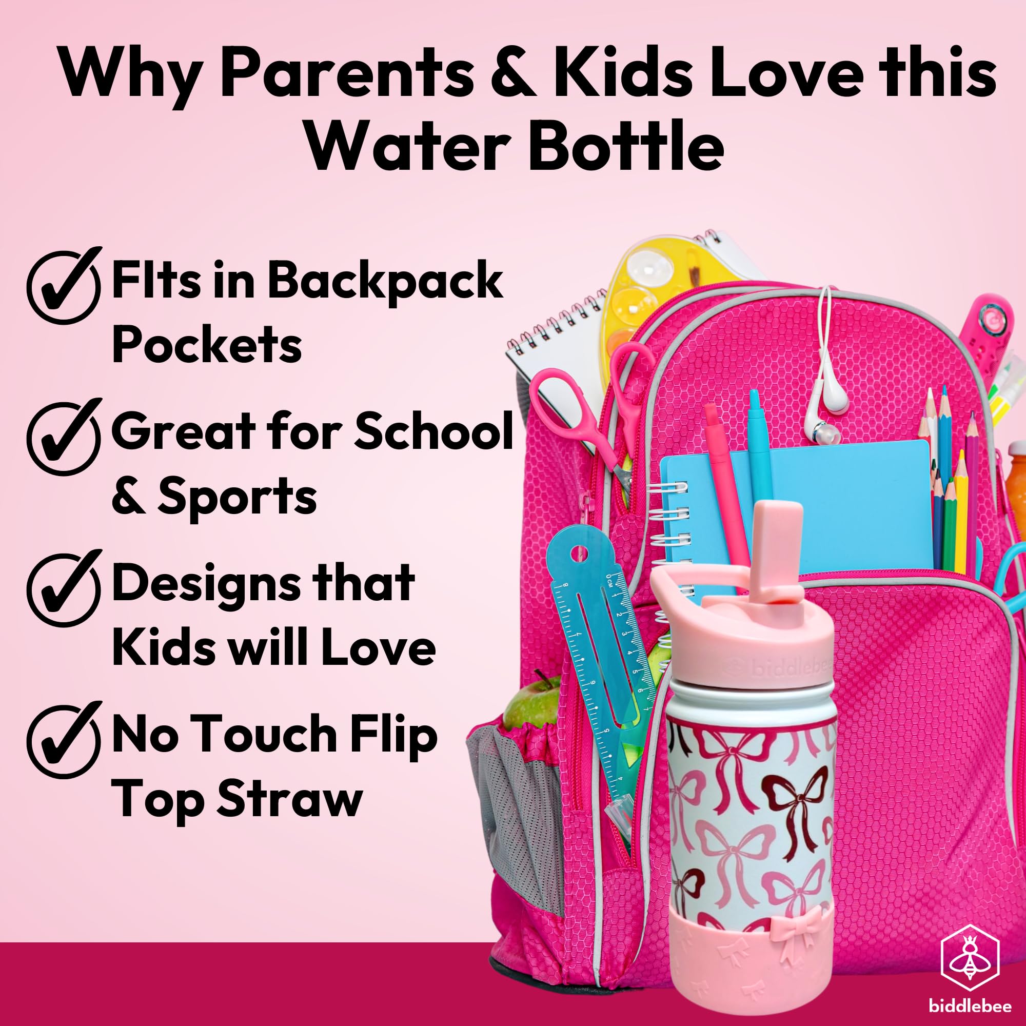 Biddlebee Kids Water Bottle With Straw Lid & Silicone Boot – 14Oz Insulated Stainless Steel Bottle