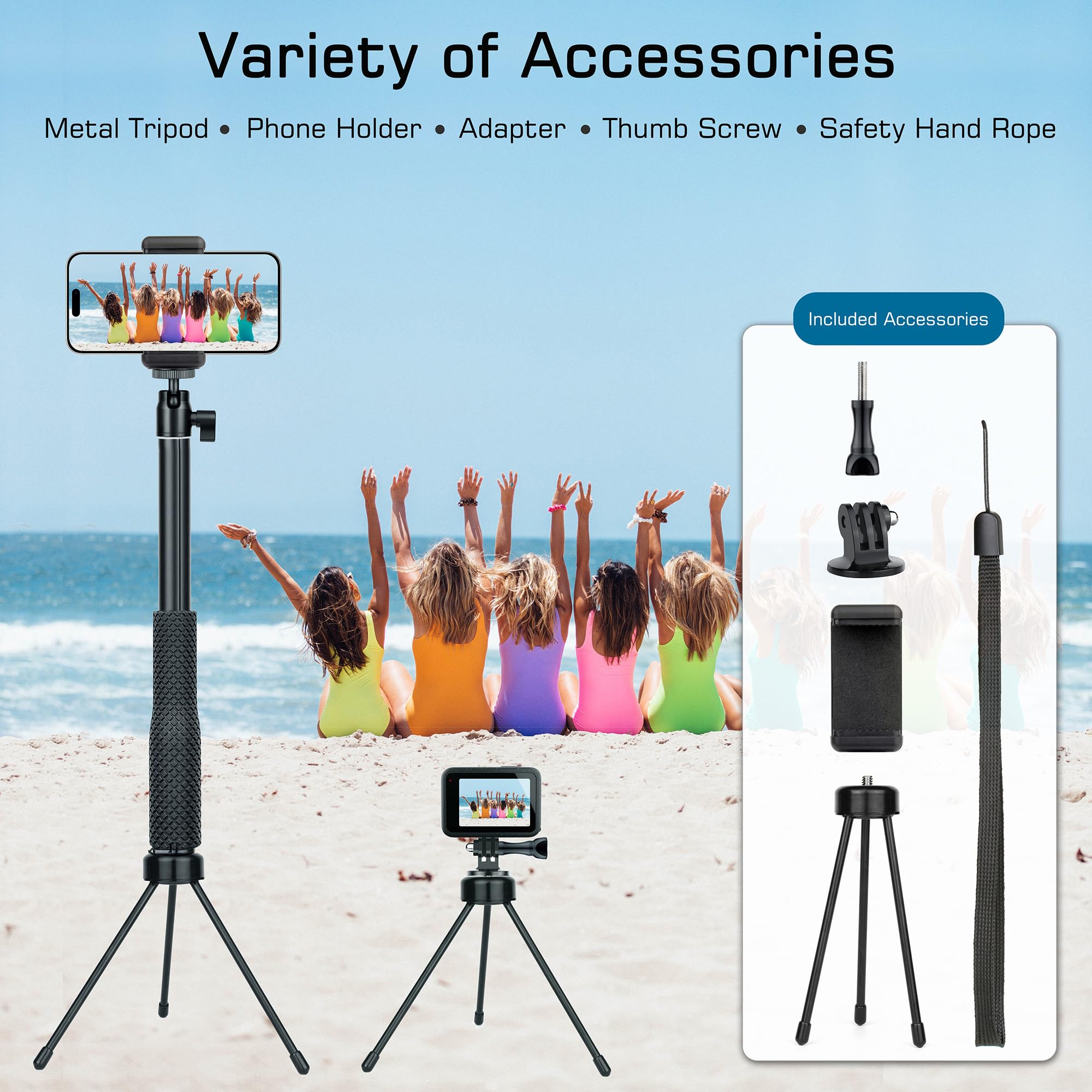 Gepuly 360°Ballhead Waterproof Selfie Stick With Tripod Stand Phone Holder- Underwater Selfie Stick Pole - For Gopro Hero 13 12 11 10 9 Insta360 Akaso Dji Osmo Vlog Diving Monopod