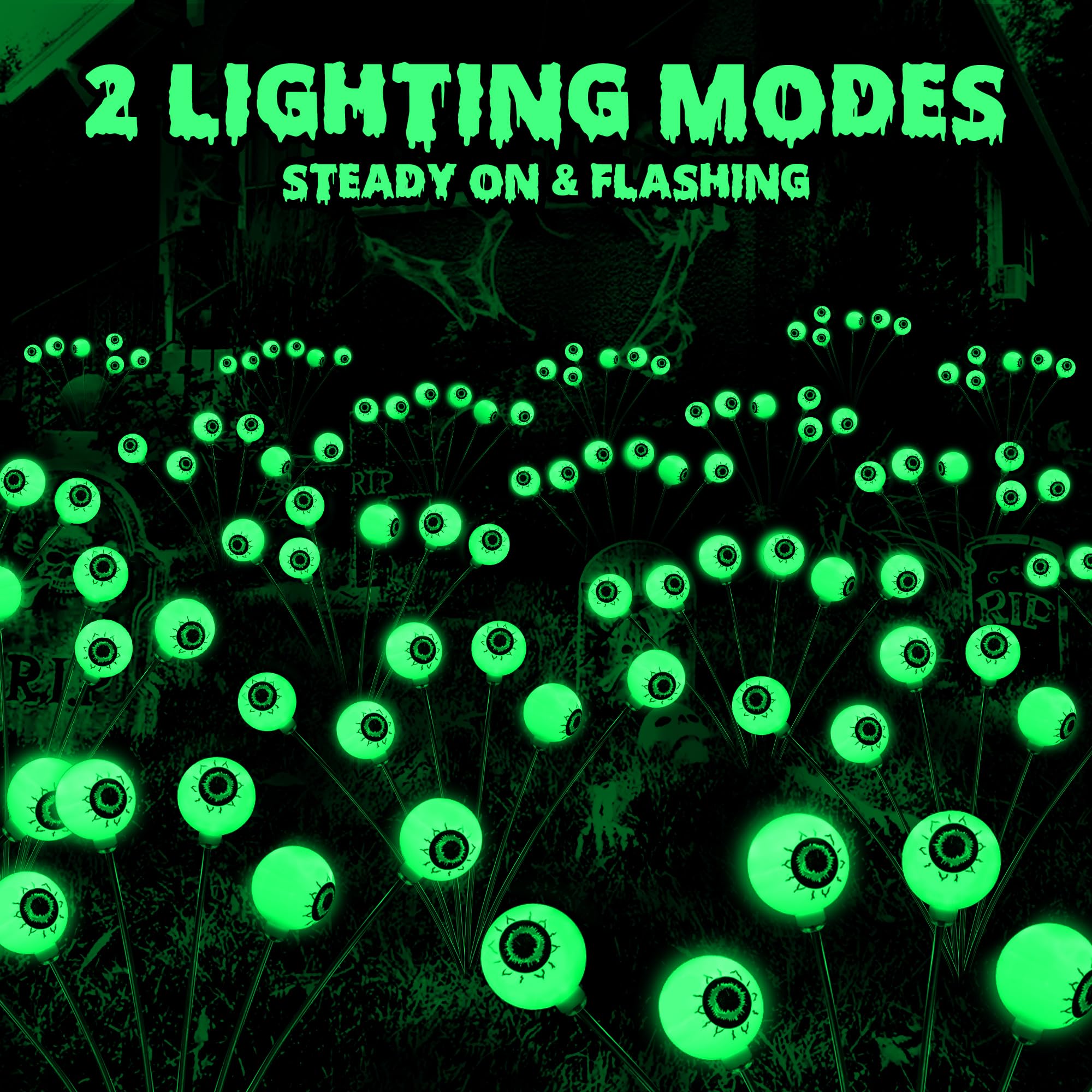 Brizlabs Solar Halloween Eyeball Lights, 2 Pack 12 Led With 2 Modes, Outdoor Swaying Eye Firefly Pathway Lights, Green For Path Yard Garden Lawn
