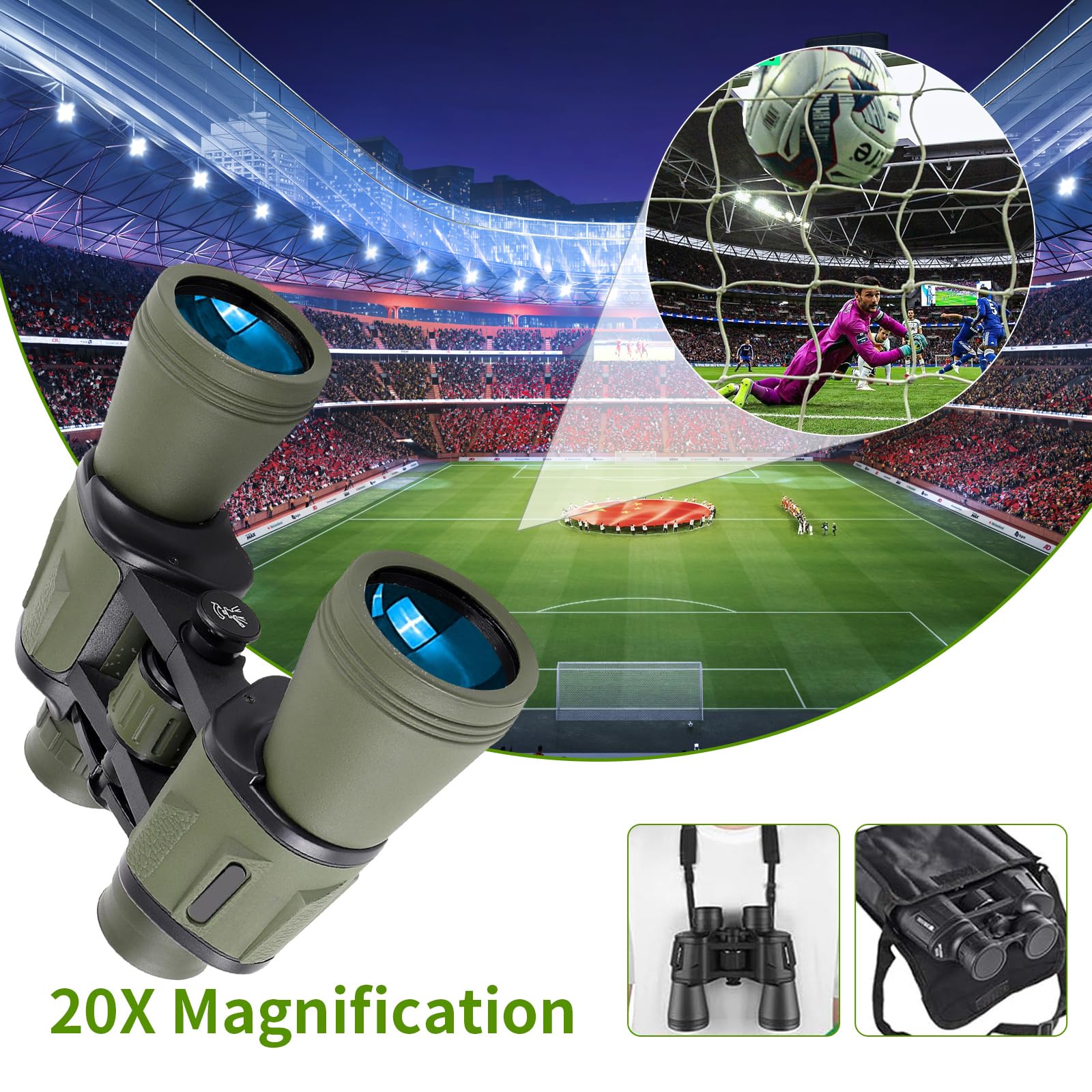 Joneme 20X50 High Powered Binoculars For Adults,Compact Binoculars Telescope With Low Light Vision For Bird Watching Travel Stargazing Concerts Camping -Bak4 Prism Fmc Lens With Phone Adapter(Green)